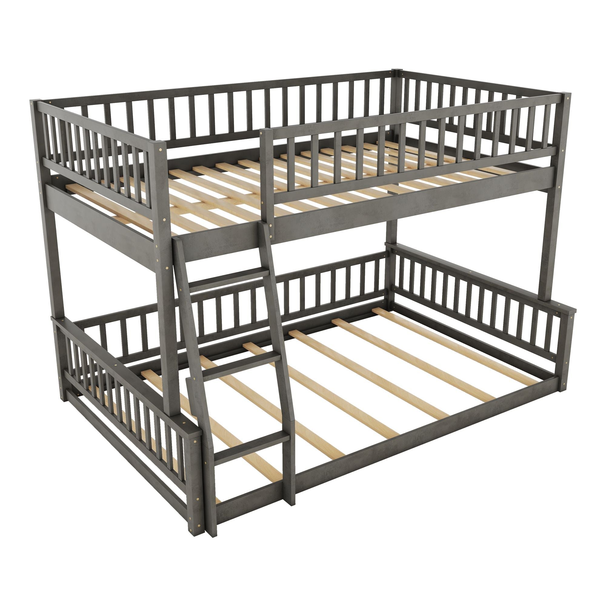 Full XL Over Queen Wood Bunk Bed with Ladder and Guardrails, Gray | Just Better Bunk Beds