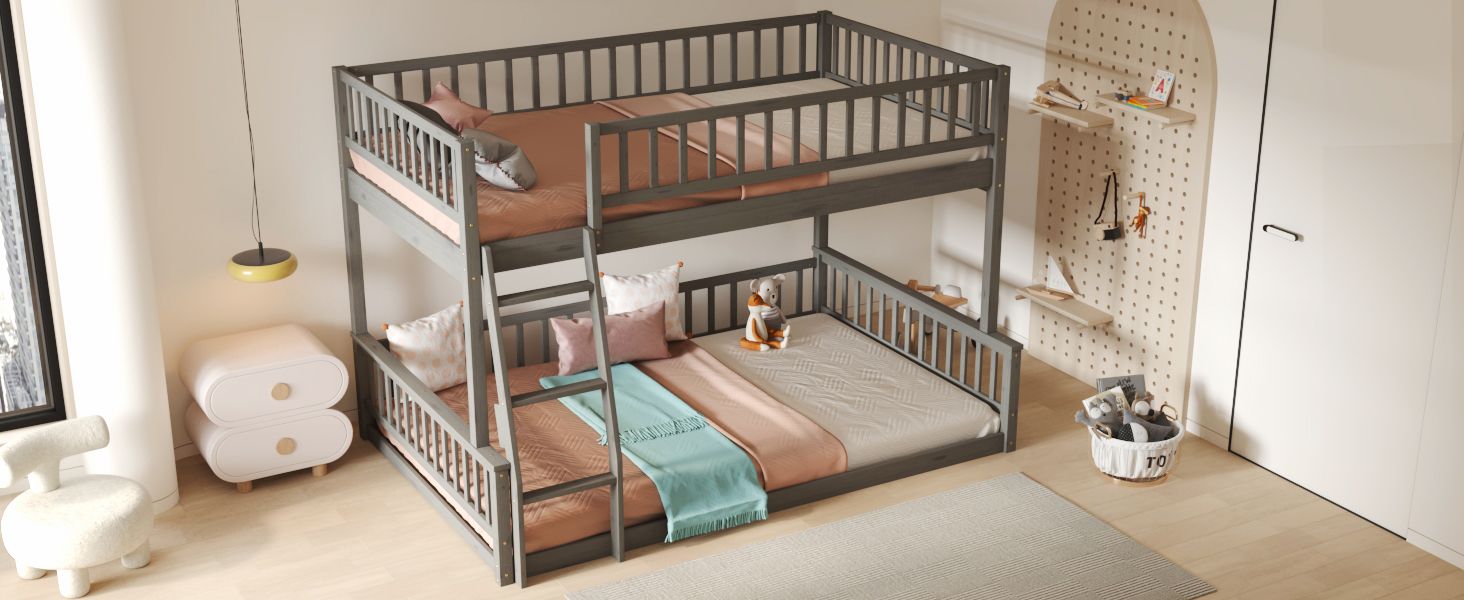 Full XL Over Queen Wood Bunk Bed with Ladder and Guardrails, Gray | Just Better Bunk Beds