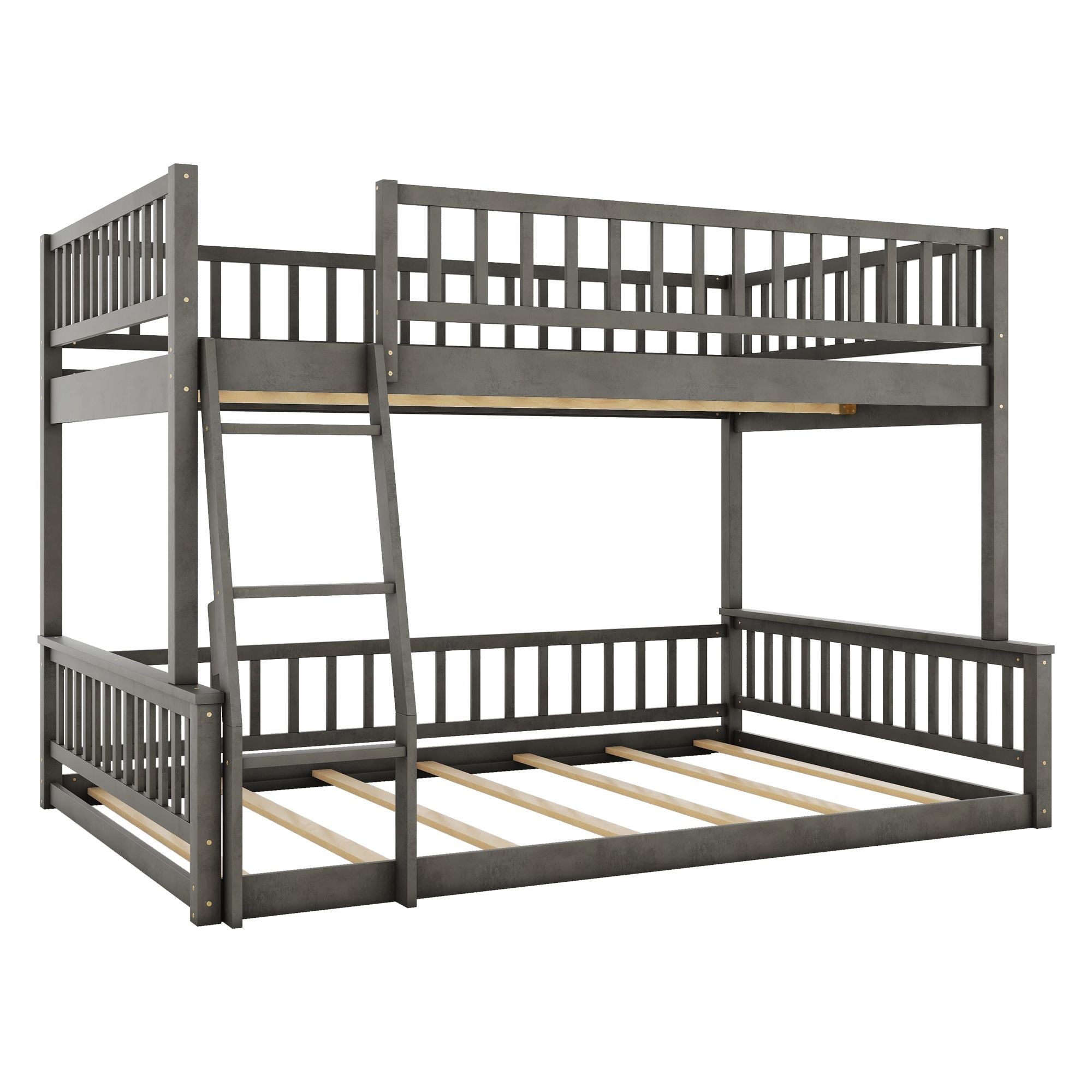 Full XL Over Queen Wood Bunk Bed with Ladder and Guardrails, Gray | Just Better Bunk Beds
