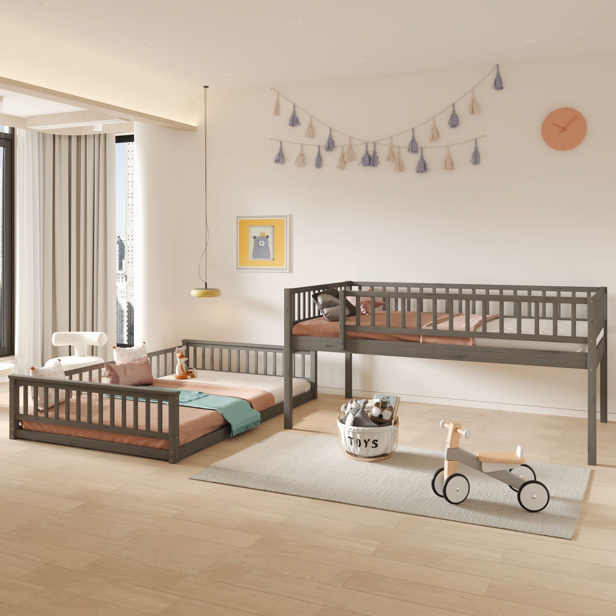 Full XL Over Queen Wood Bunk Bed with Ladder and Guardrails, Gray | Just Better Bunk Beds