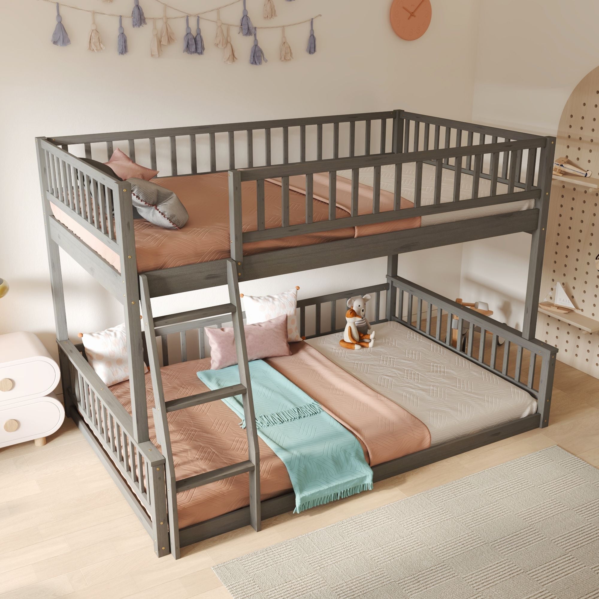 Full XL Over Queen Wood Bunk Bed with Ladder and Guardrails, Gray | Just Better Bunk Beds
