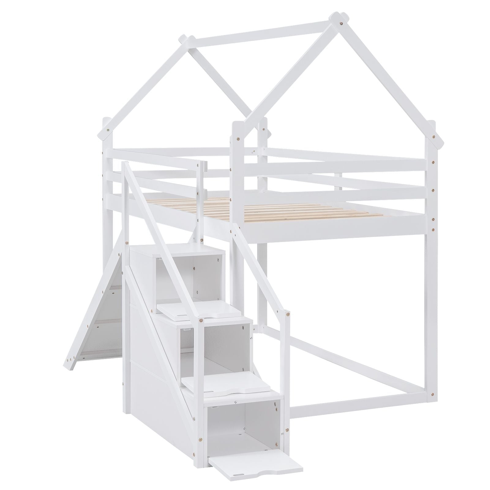 Fun and Functional Twin Over Twin Wood Loft Bed with Slide and Staircase, White | Just Better Bunk Beds