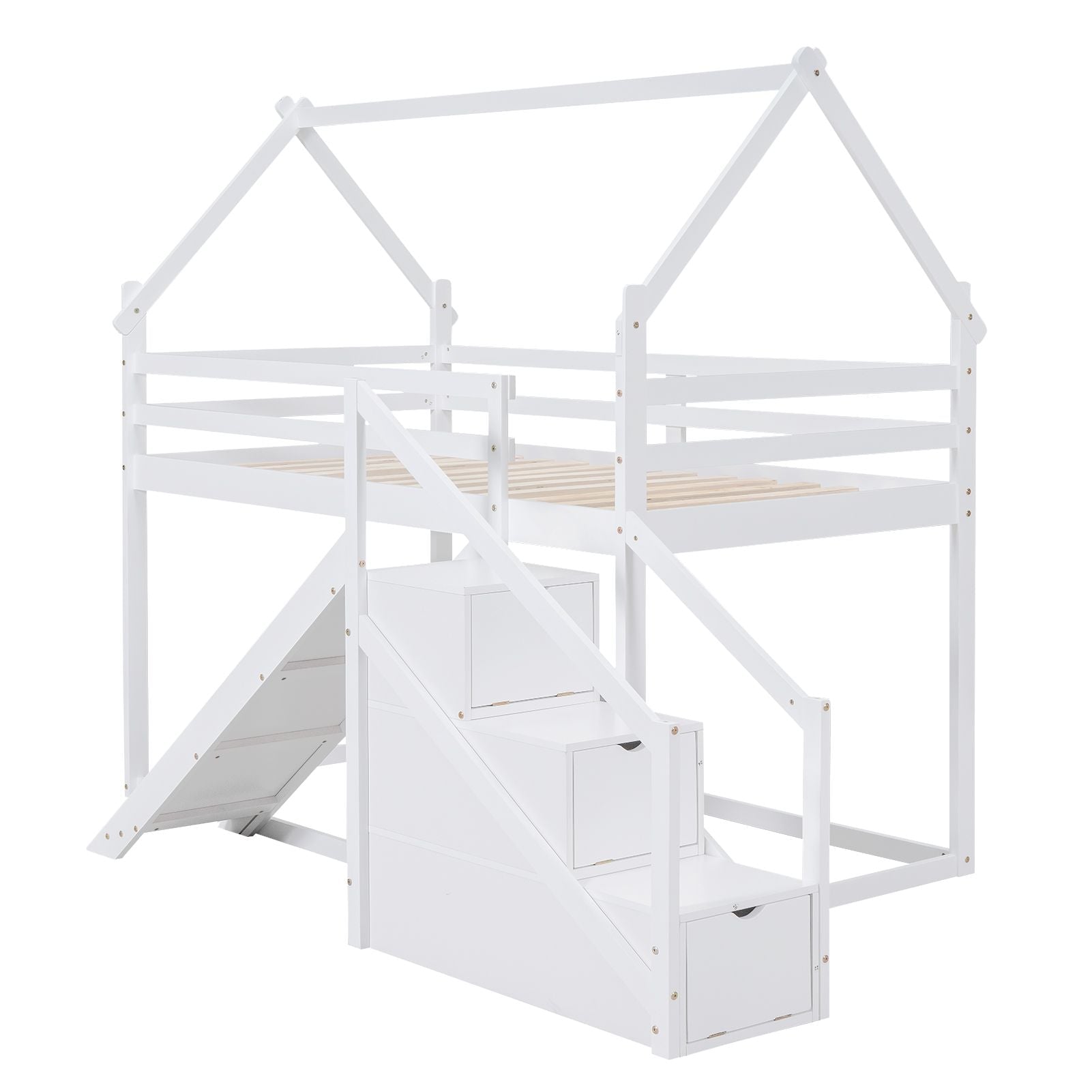 Fun and Functional Twin Over Twin Wood Loft Bed with Slide and Staircase, White | Just Better Bunk Beds