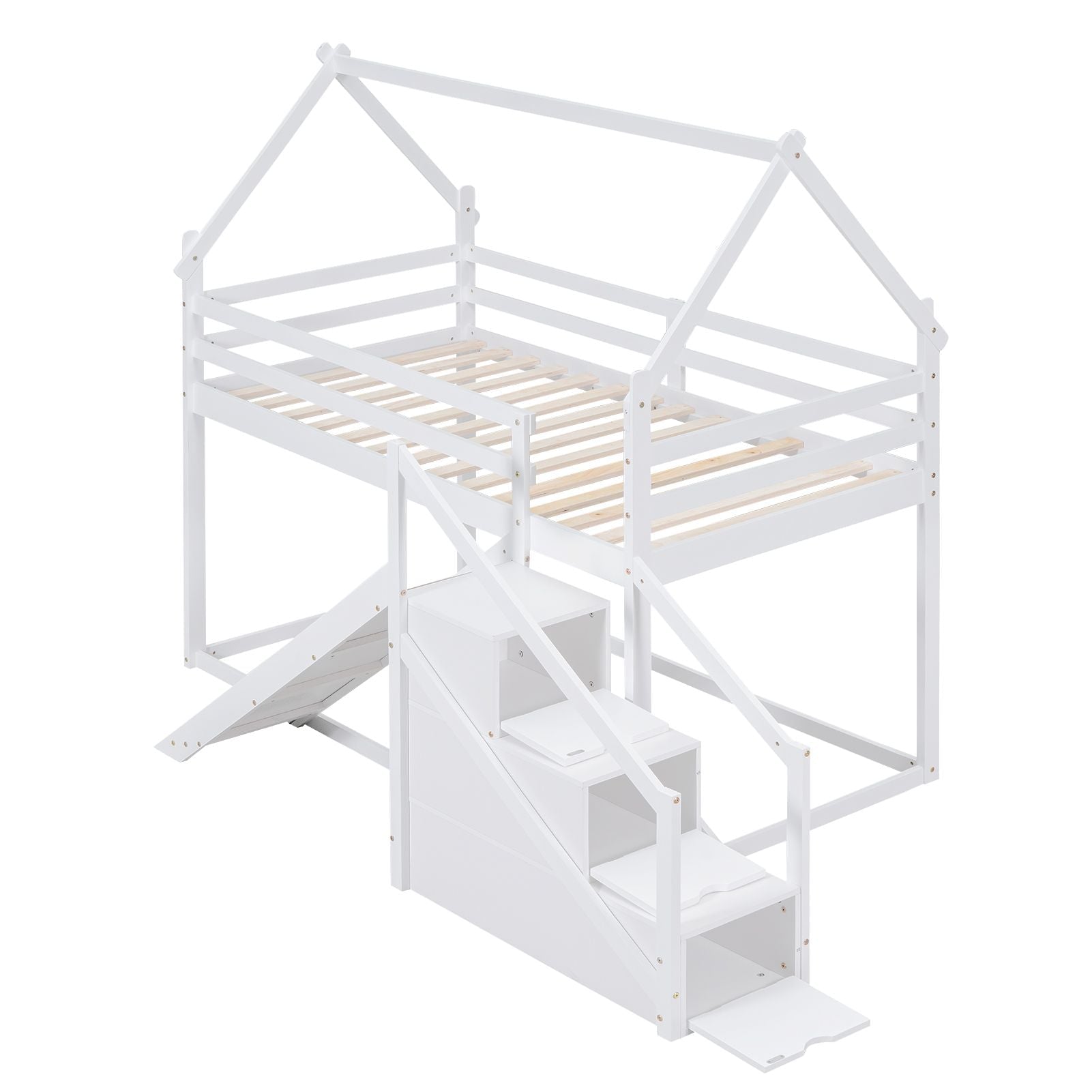 Fun and Functional Twin Over Twin Wood Loft Bed with Slide and Staircase, White | Just Better Bunk Beds