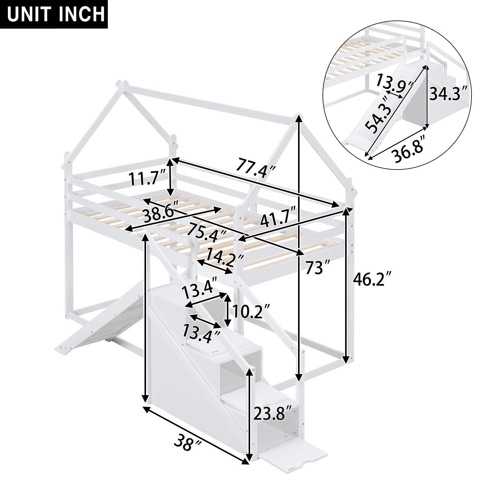 Fun and Functional Twin Over Twin Wood Loft Bed with Slide and Staircase, White | Just Better Bunk Beds