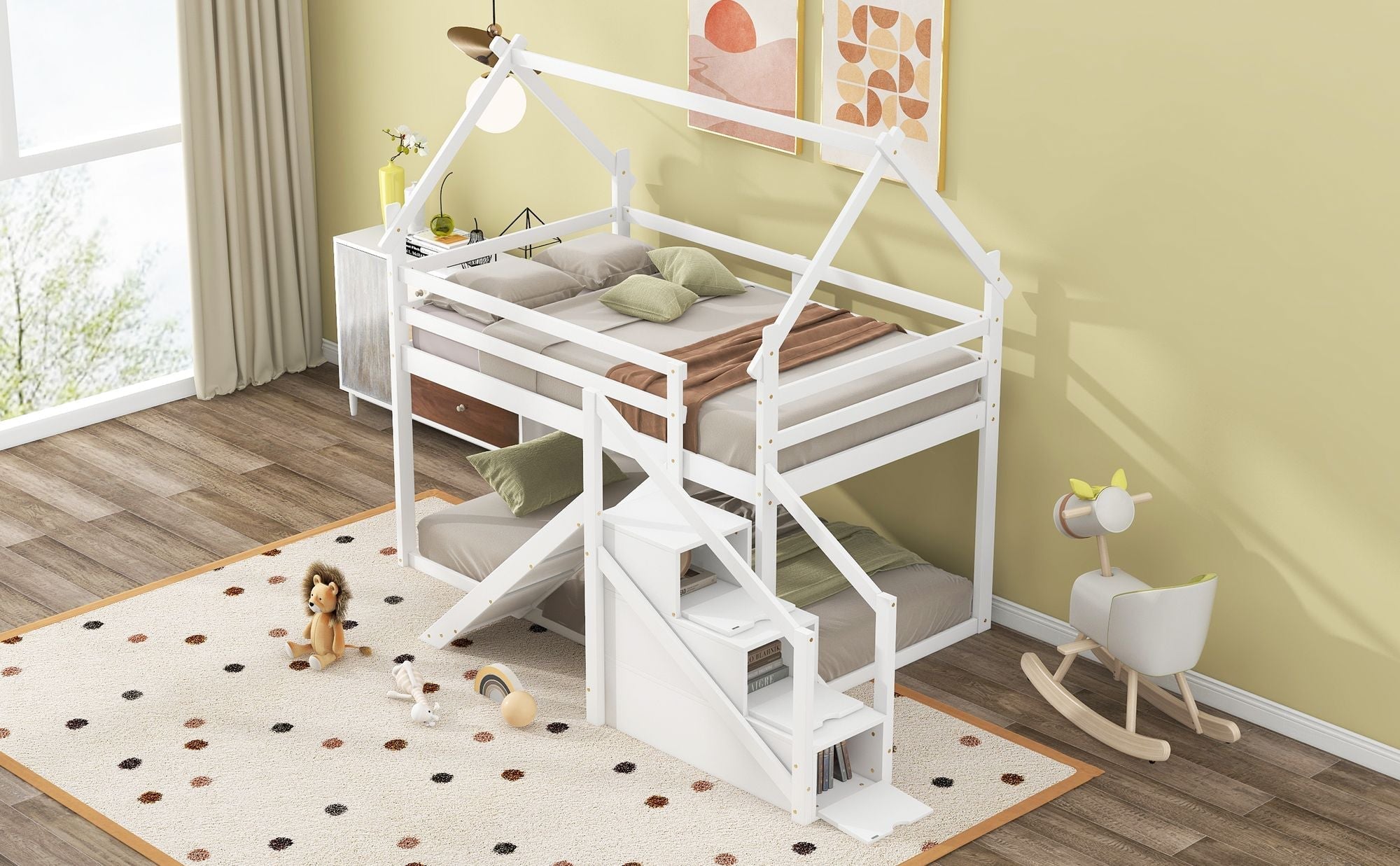 Fun and Functional Twin Over Twin Wood Loft Bed with Slide and Staircase, White | Just Better Bunk Beds