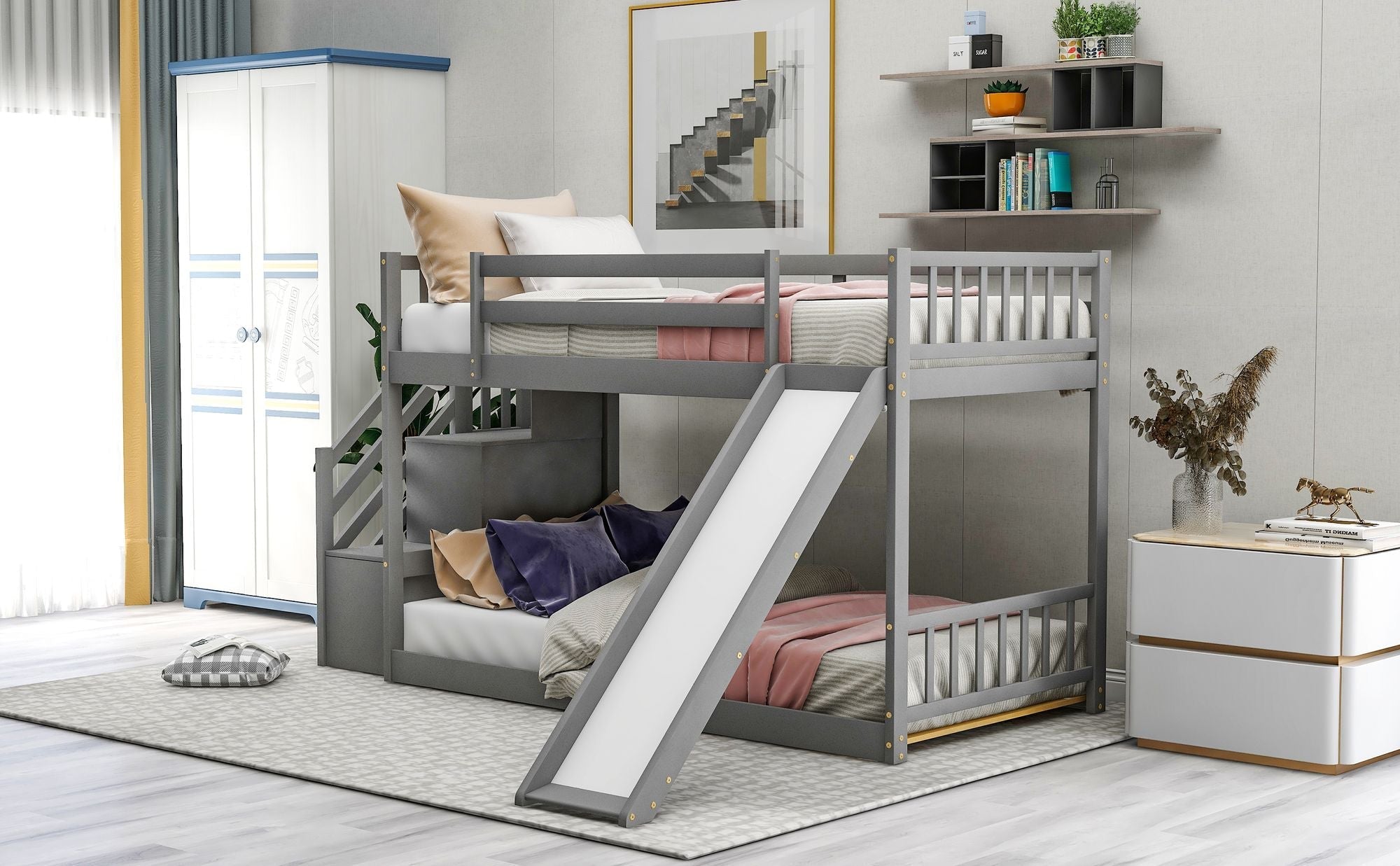 Fun and Safe Twin Over Twin Wood Bunk Bed with Slide and Stairway, Gray or White | Just Better Bunk Beds