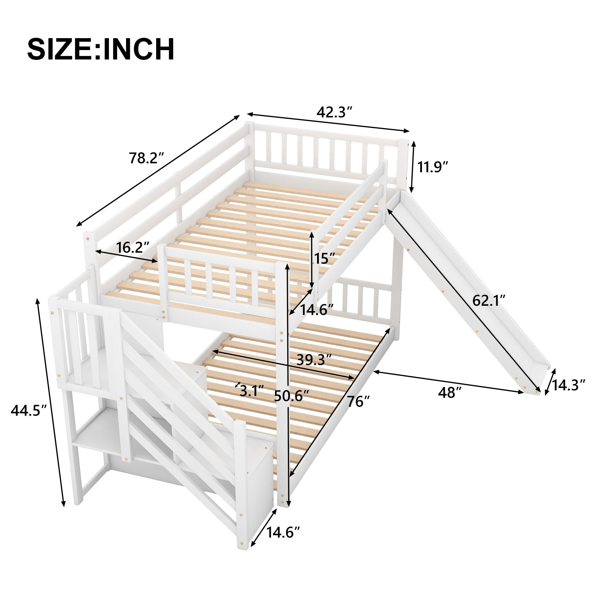 Fun and Safe Twin Over Twin Wood Bunk Bed with Slide and Stairway, Gray or White | Just Better Bunk Beds