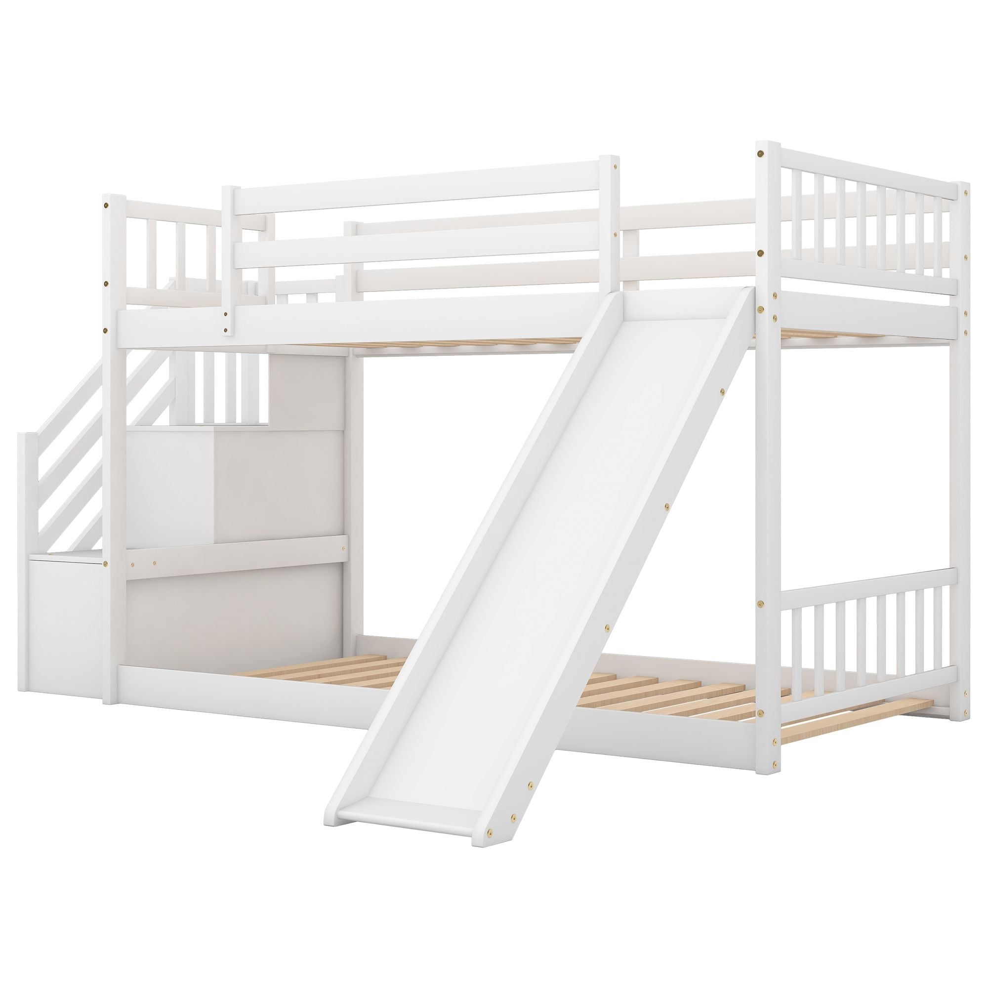 Fun and Safe Twin Over Twin Wood Bunk Bed with Slide and Stairway, Gray or White | Just Better Bunk Beds