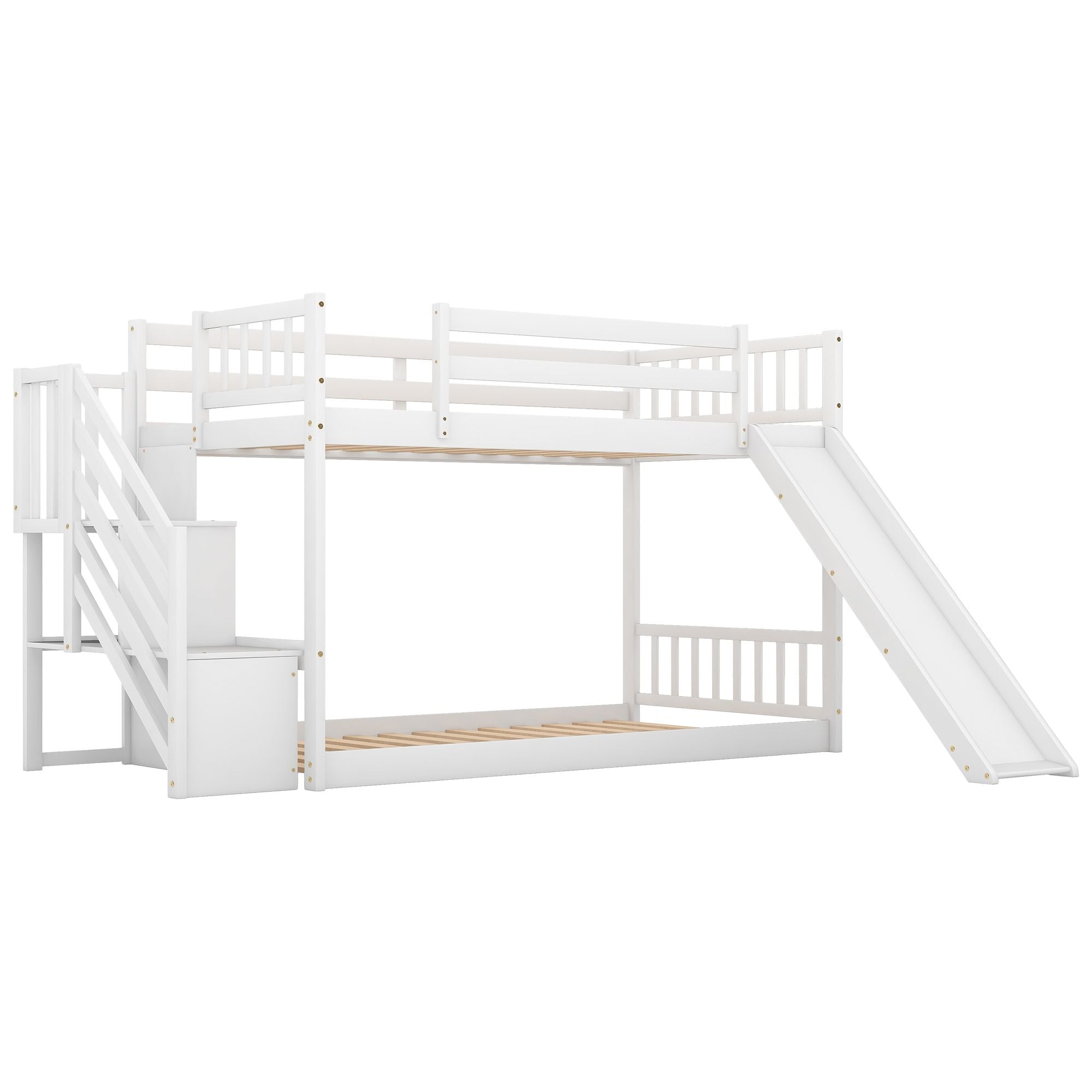 Fun and Safe Twin Over Twin Wood Bunk Bed with Slide and Stairway, Gray or White | Just Better Bunk Beds