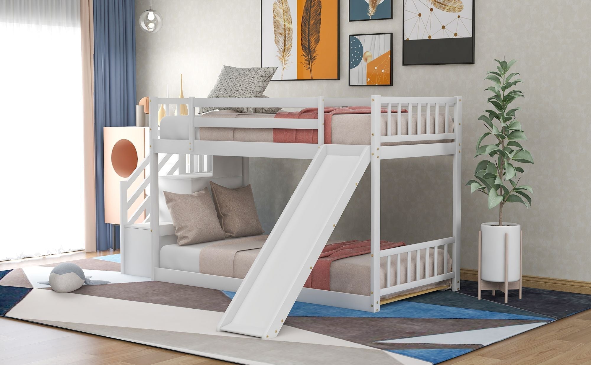 Fun and Safe Twin Over Twin Wood Bunk Bed with Slide and Stairway, Gray or White | Just Better Bunk Beds