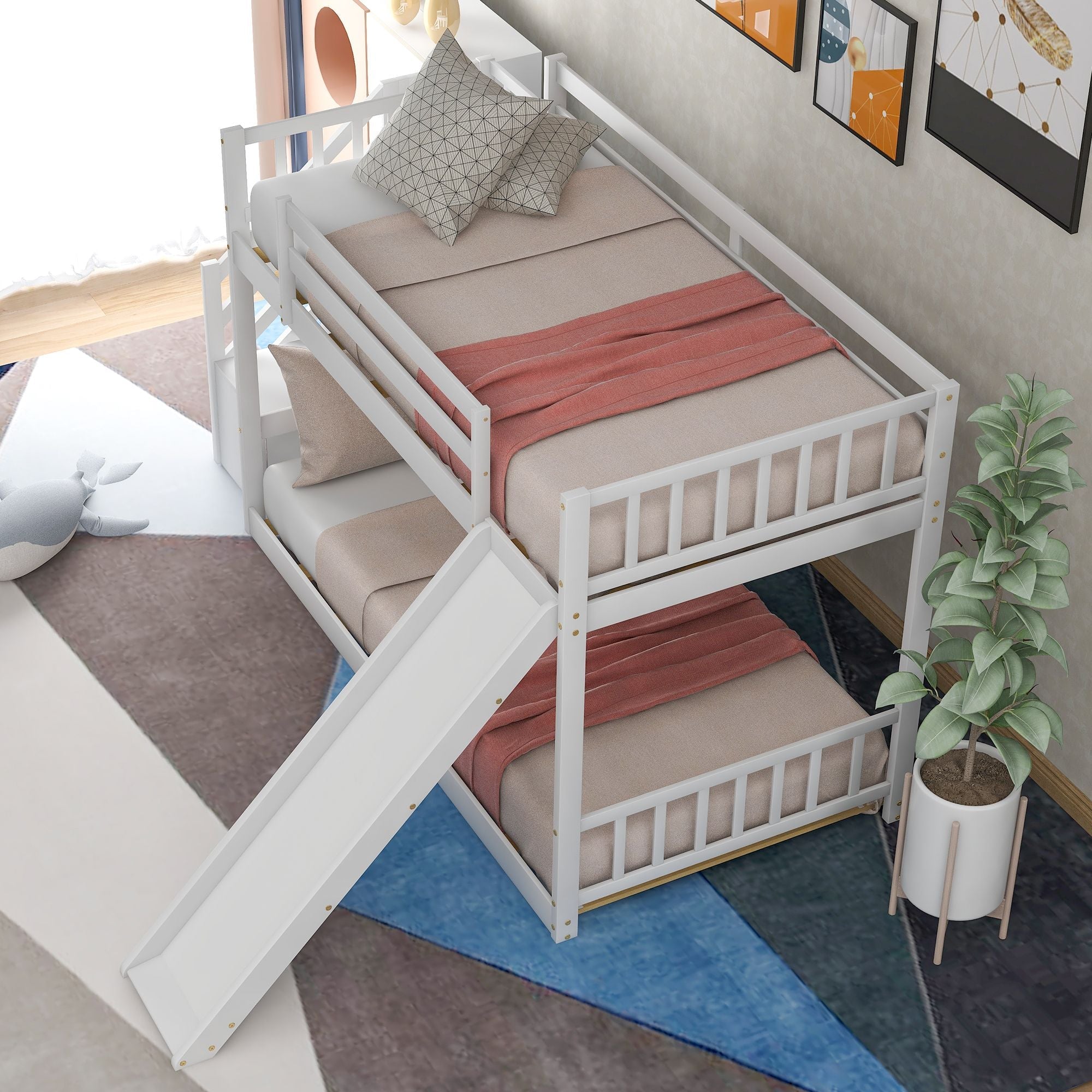 Fun and Safe Twin Over Twin Wood Bunk Bed with Slide and Stairway, Gray or White | Just Better Bunk Beds
