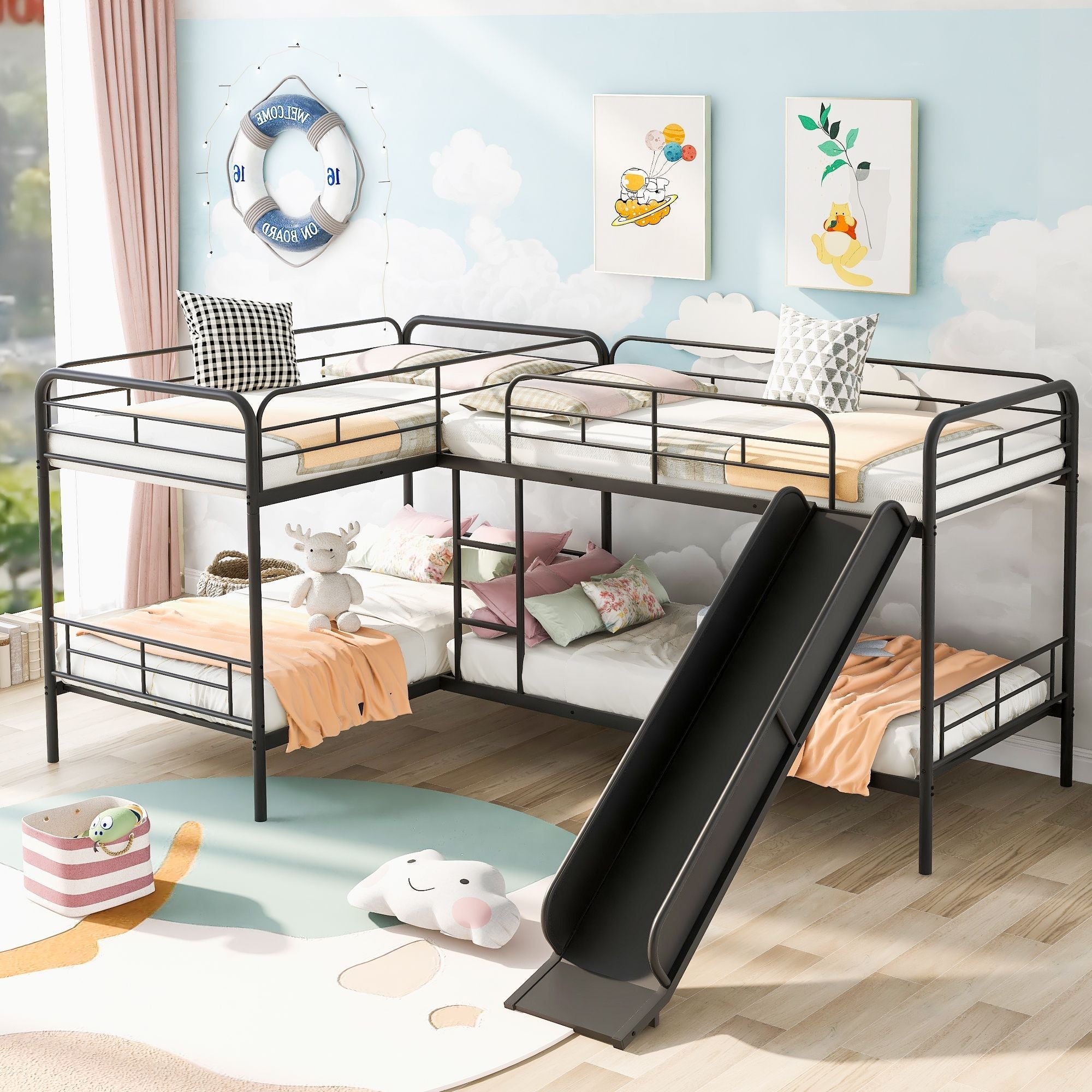Fun and Space-Saving Twin L-Shaped Metal Bunk Bed with Slide and Ladder, Black | Just Better Bunk Beds