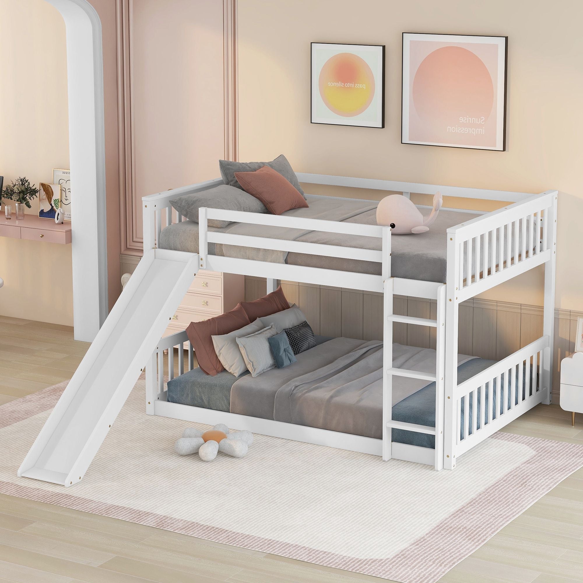 Fun Full Over Full Wood Bunk Bed with Slide and Safety Guardrails, White or Grey | Just Better Bunk Beds