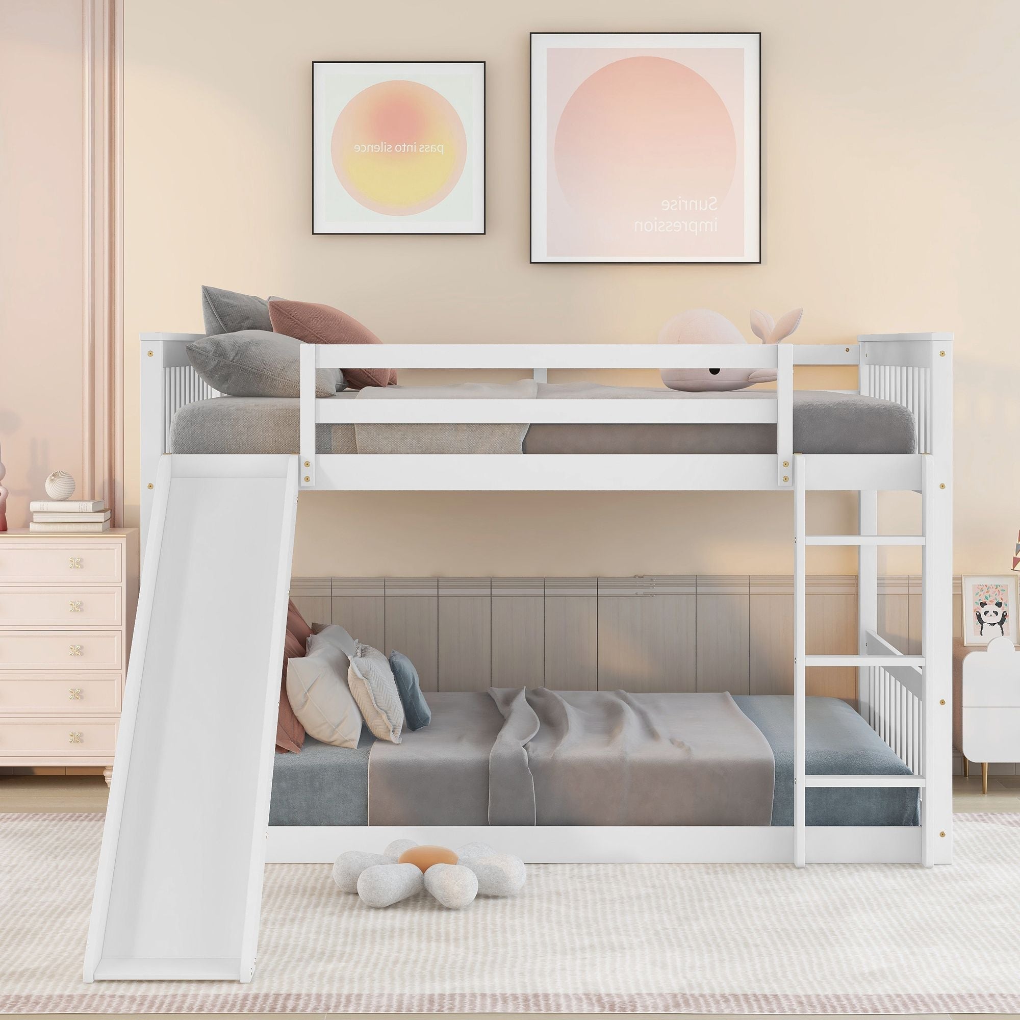 Fun Full Over Full Wood Bunk Bed with Slide and Safety Guardrails, White or Grey | Just Better Bunk Beds