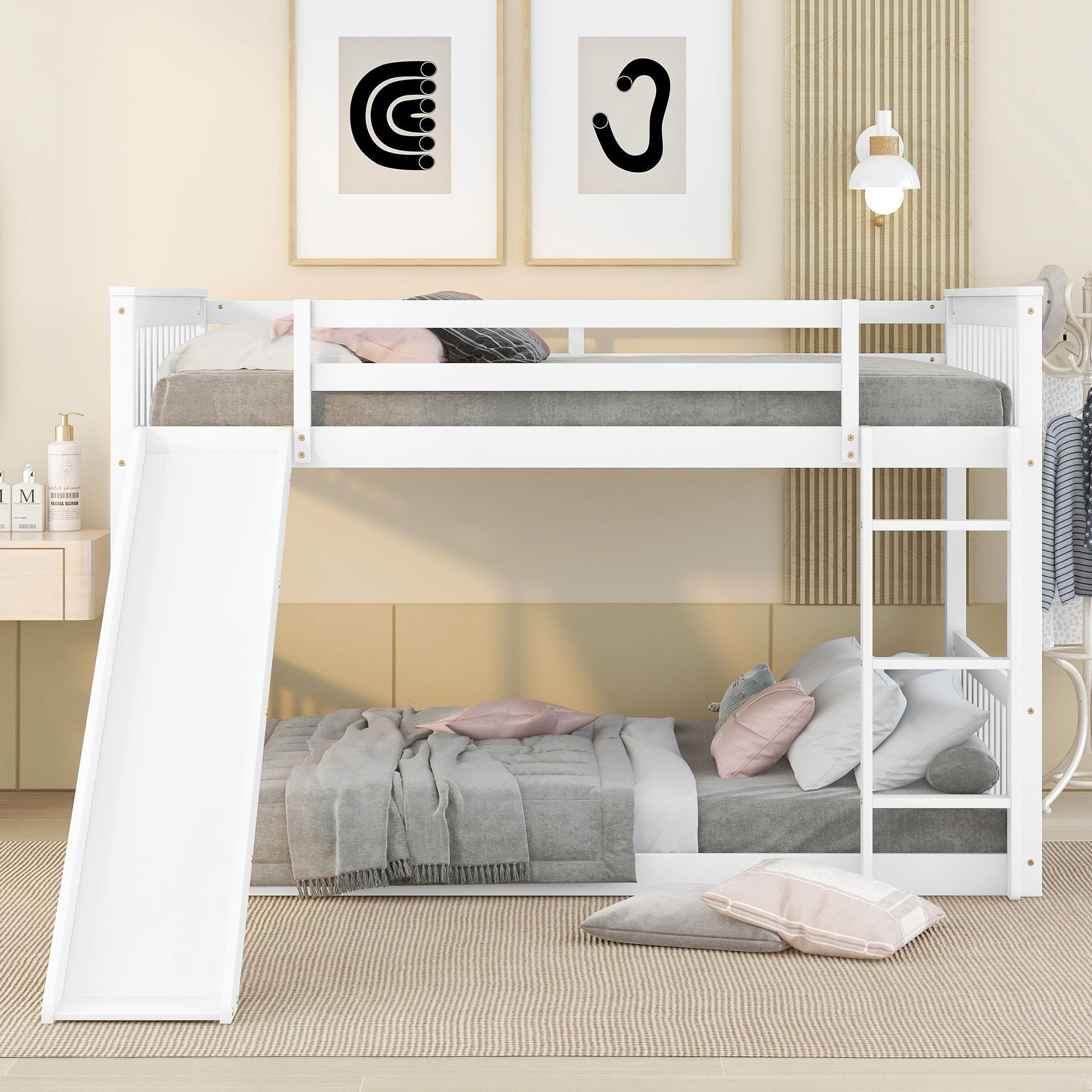 Fun Full Over Full Wood Bunk Bed with Slide and Safety Guardrails, White or Grey | Just Better Bunk Beds