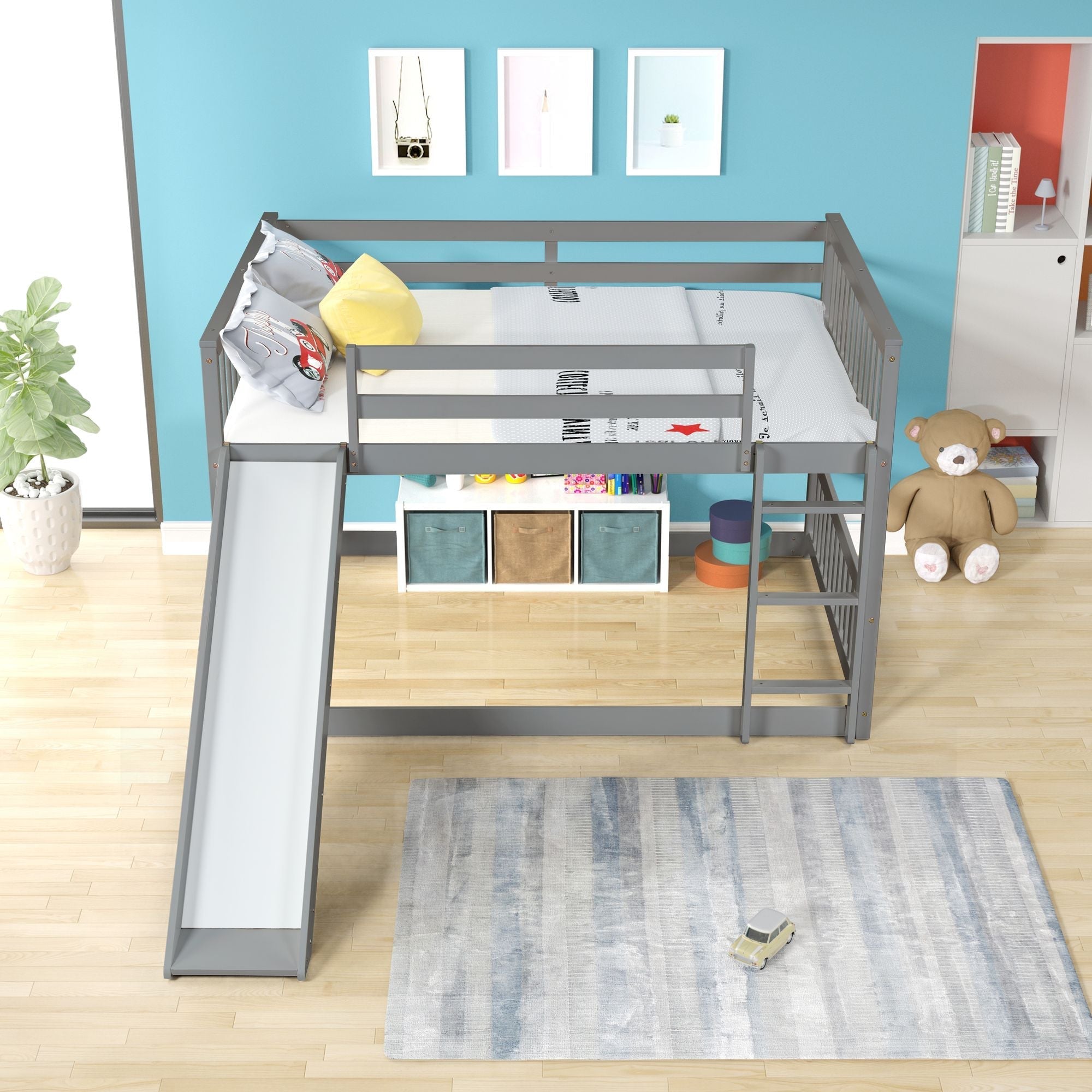 Fun Full Over Full Wood Bunk Bed with Slide and Safety Guardrails, White or Grey | Just Better Bunk Beds