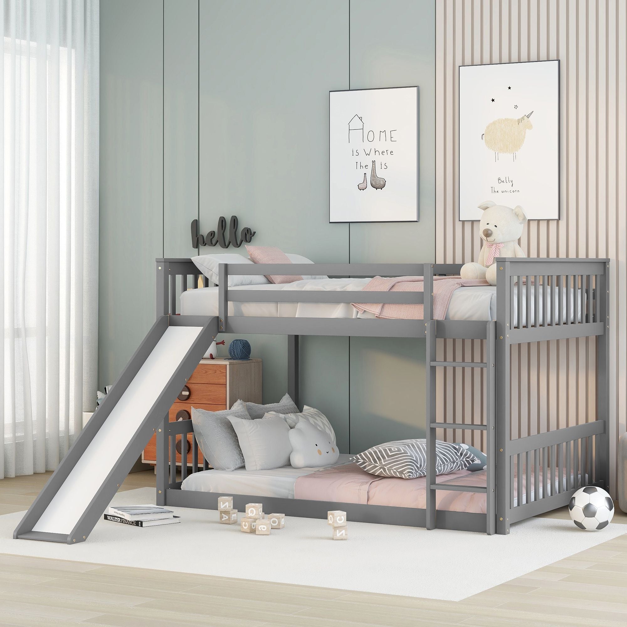 Fun Full Over Full Wood Bunk Bed with Slide and Safety Guardrails, White or Grey | Just Better Bunk Beds