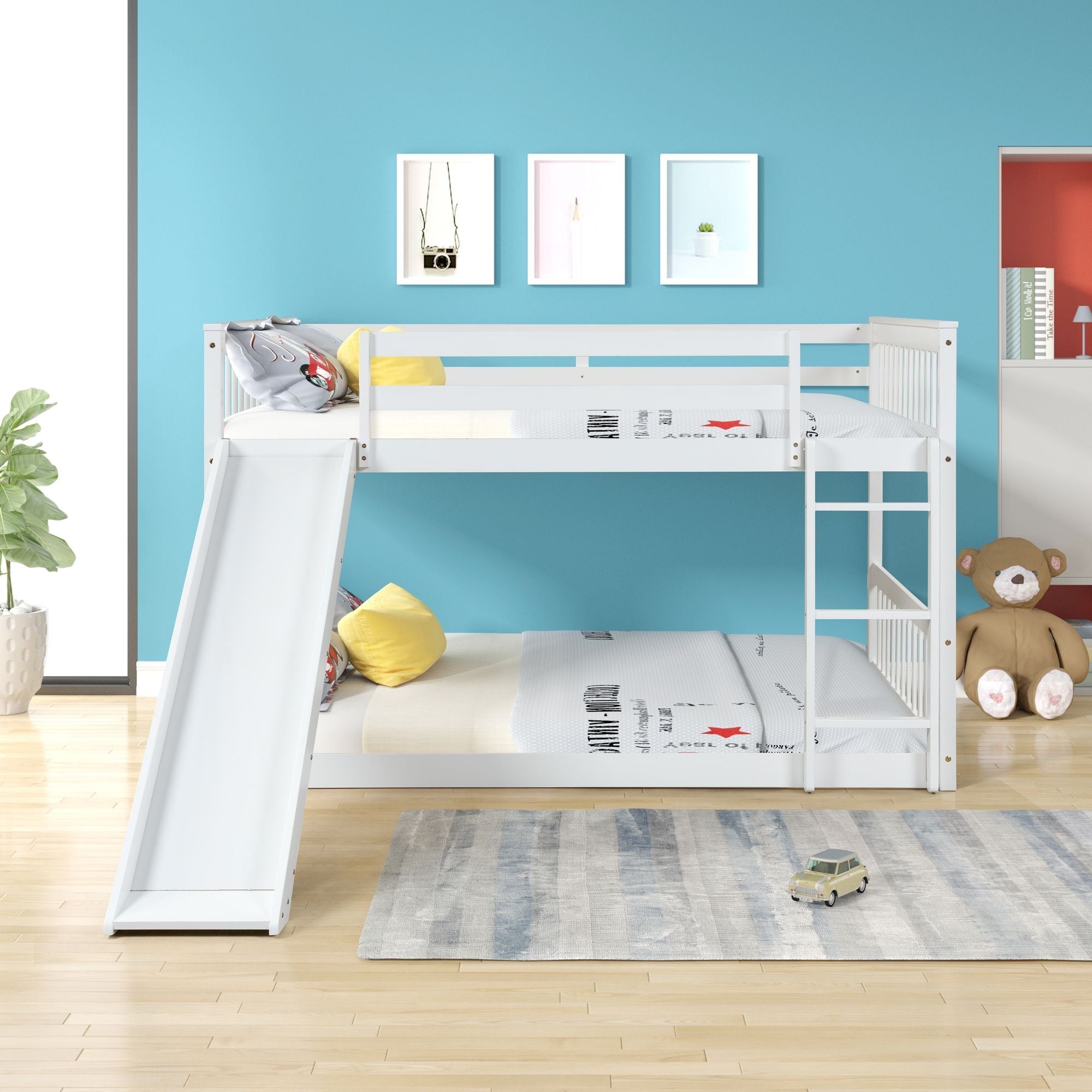 Fun Full over Full Wood Bunk Bed with Slide in White or Grey | Just Better Bunk Beds