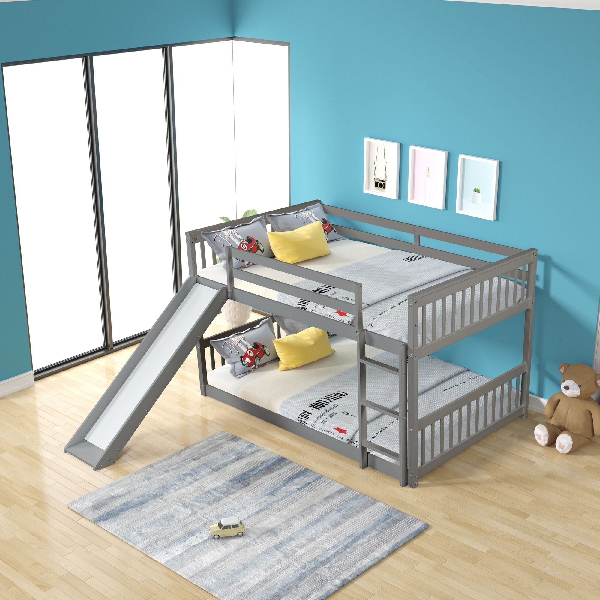 Fun Full over Full Wood Bunk Bed with Slide in White or Grey | Just Better Bunk Beds