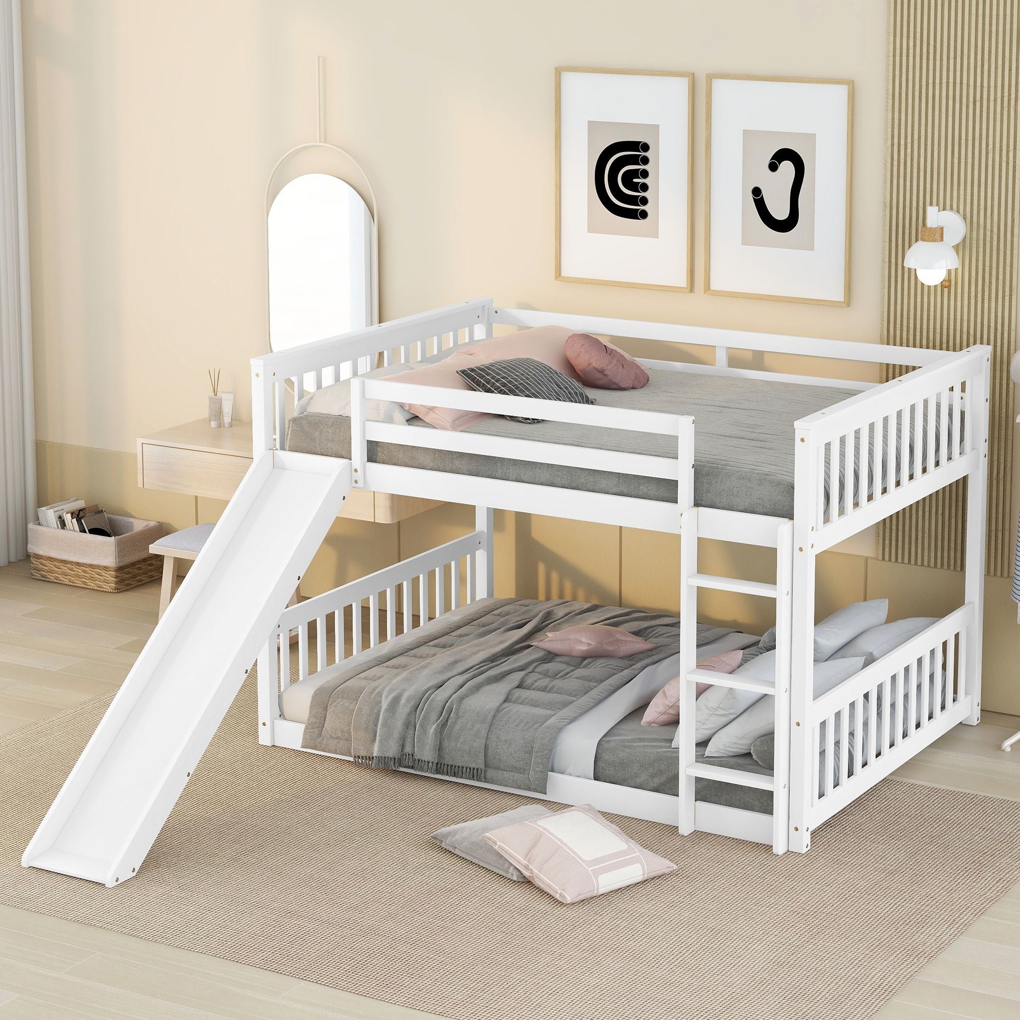 Fun Full over Full Wood Bunk Bed with Slide in White or Grey | Just Better Bunk Beds