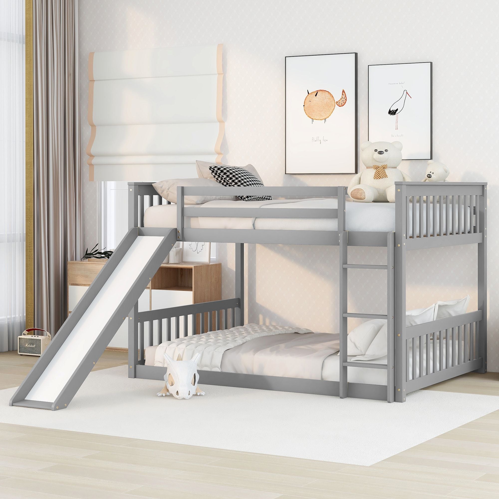 Fun Full over Full Wood Bunk Bed with Slide in White or Grey | Just Better Bunk Beds