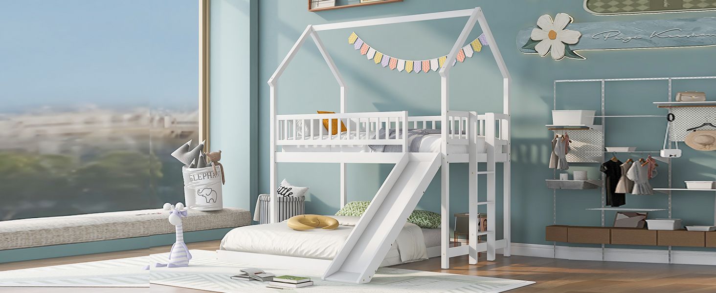 Fun Twin over Full Wood Bunk Bed with Slide, Built-in Ladder, Full-Length Guardrails, White | Just Better Bunk Beds