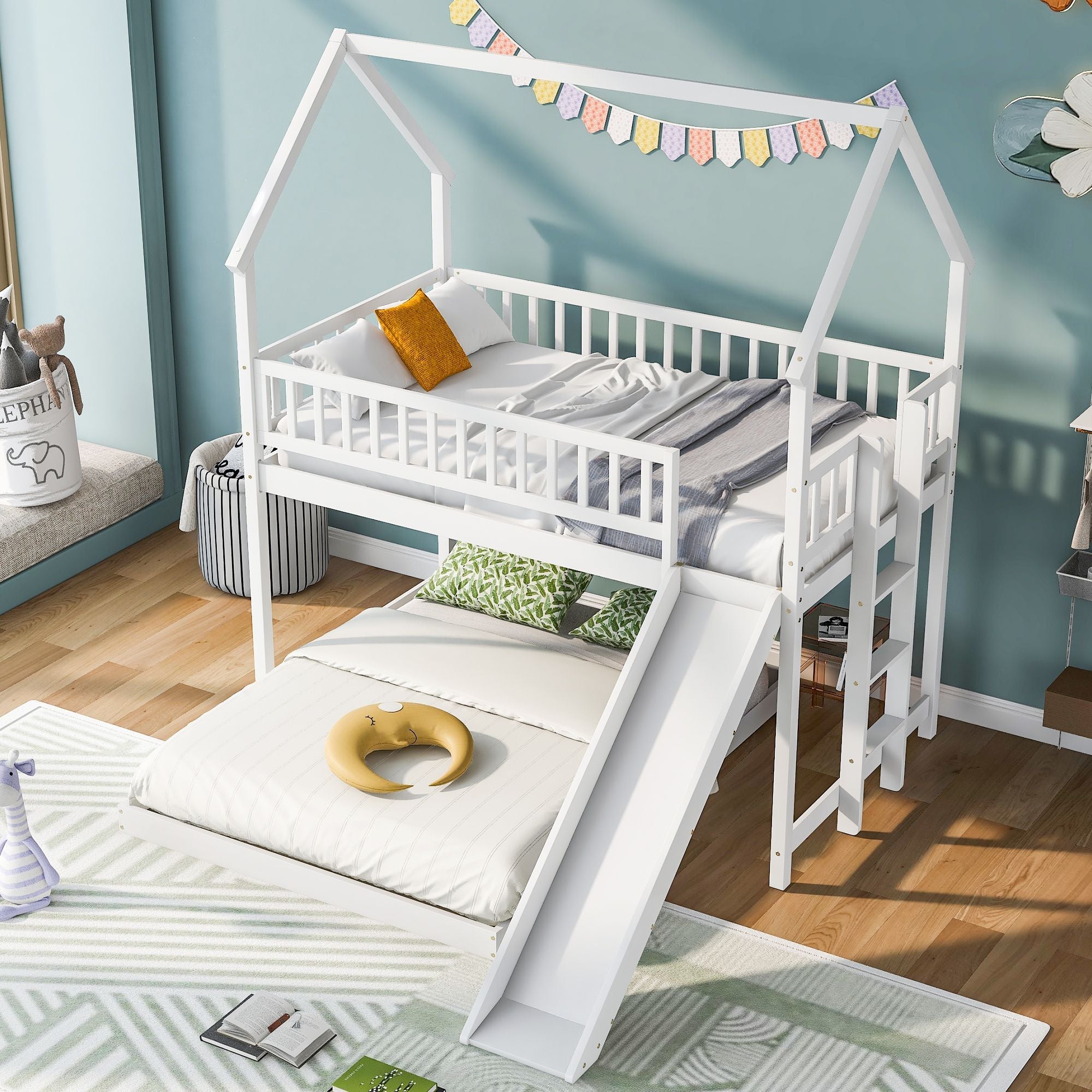 Fun Twin over Full Wood Bunk Bed with Slide, Built-in Ladder, Full-Length Guardrails, White | Just Better Bunk Beds