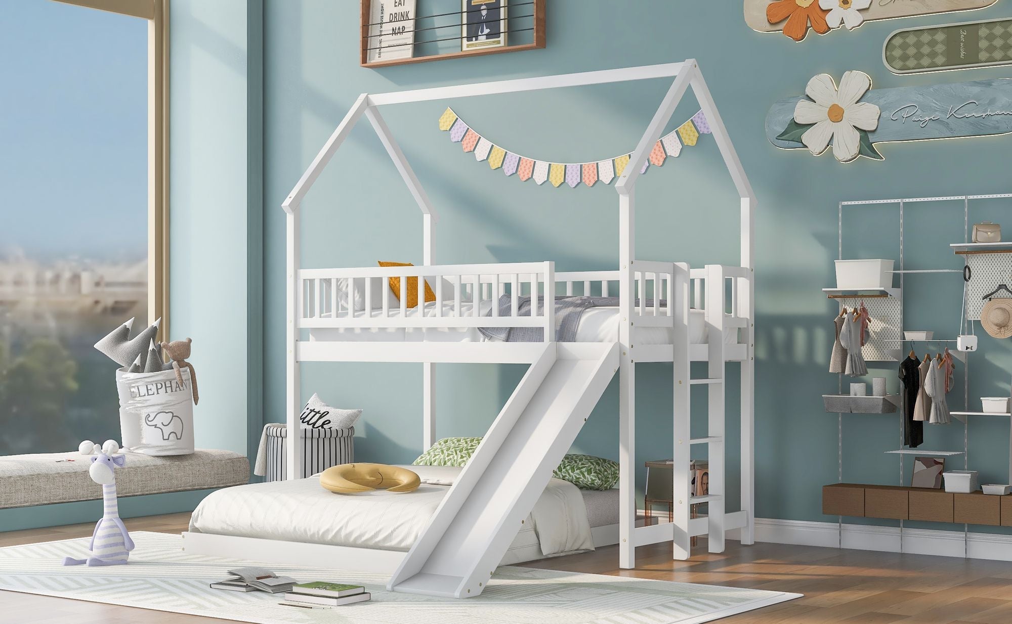 Fun Twin over Full Wood Bunk Bed with Slide, Built-in Ladder, Full-Length Guardrails, White | Just Better Bunk Beds