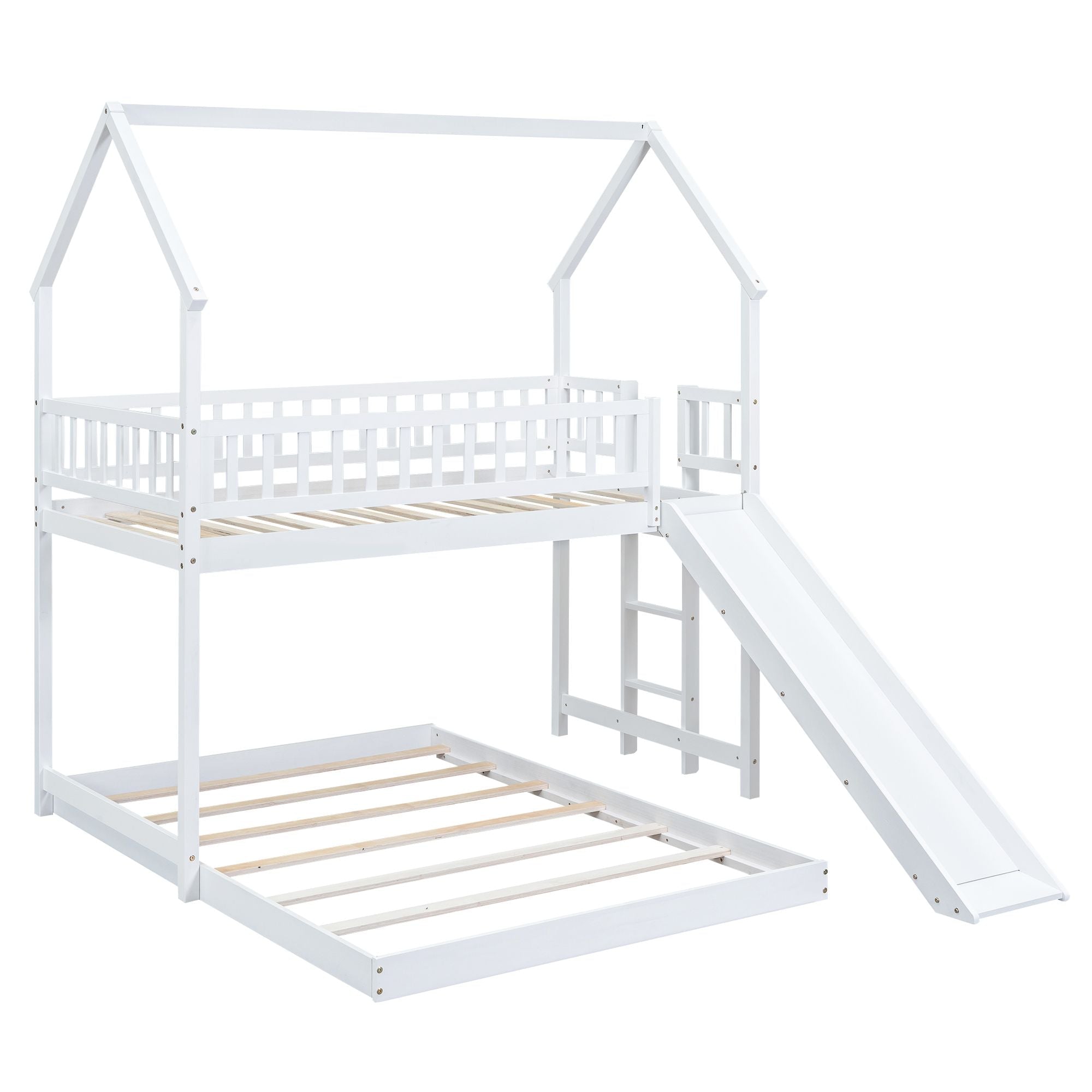 Fun Twin over Full Wood Bunk Bed with Slide, Built-in Ladder, Full-Length Guardrails, White | Just Better Bunk Beds