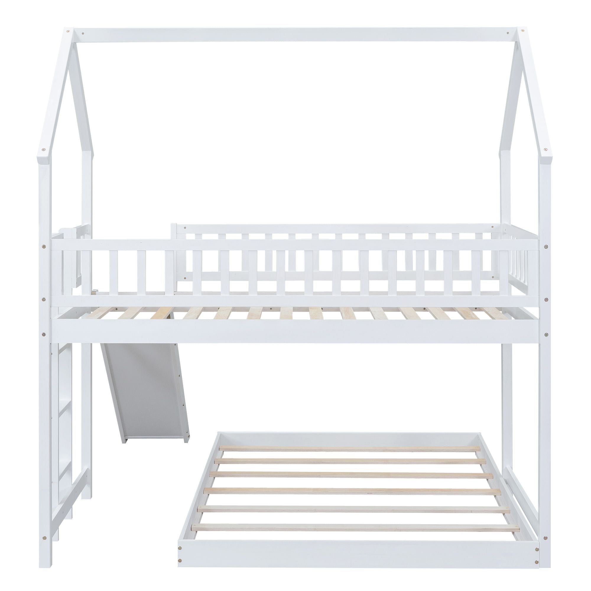 Fun Twin over Full Wood Bunk Bed with Slide, Built-in Ladder, Full-Length Guardrails, White | Just Better Bunk Beds