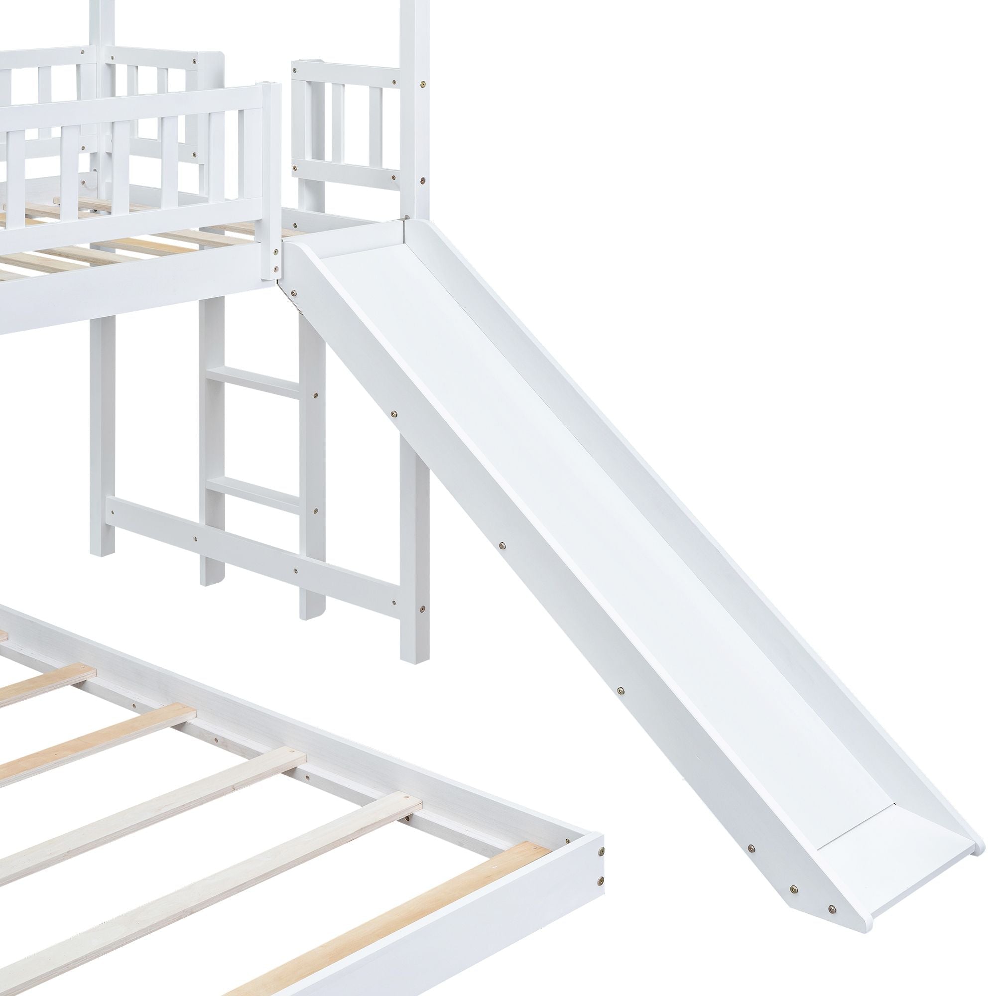 Fun Twin over Full Wood Bunk Bed with Slide, Built-in Ladder, Full-Length Guardrails, White | Just Better Bunk Beds