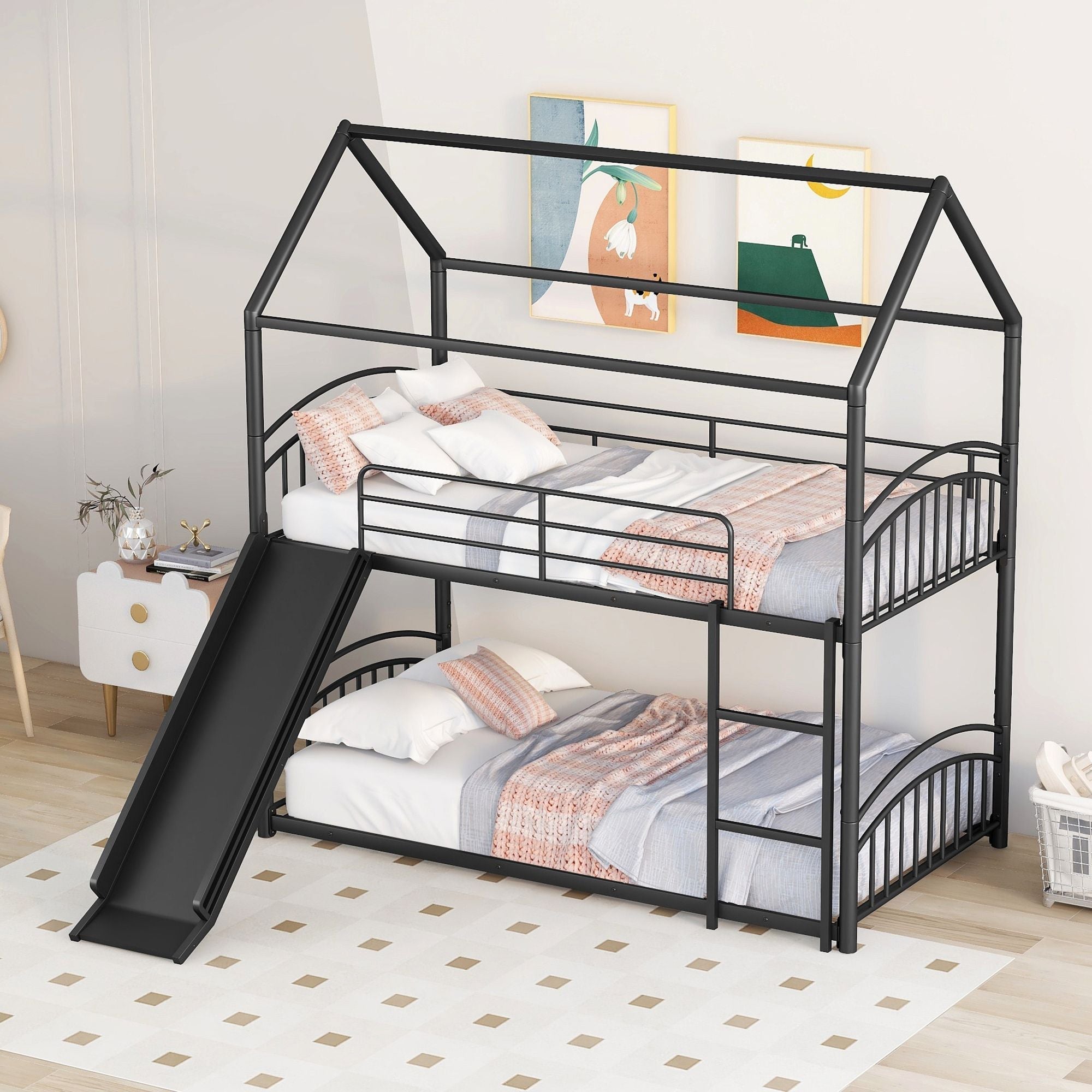 Fun Twin Over Twin Metal Bunk Bed with Slide for Kids, Black, Sturdy & Space-Saving | Just Better Bunk Beds
