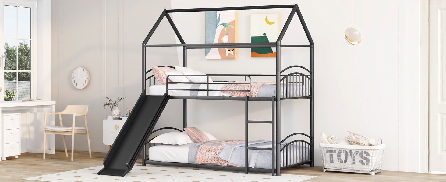 Fun Twin Over Twin Metal Bunk Bed with Slide for Kids, Black, Sturdy & Space-Saving | Just Better Bunk Beds