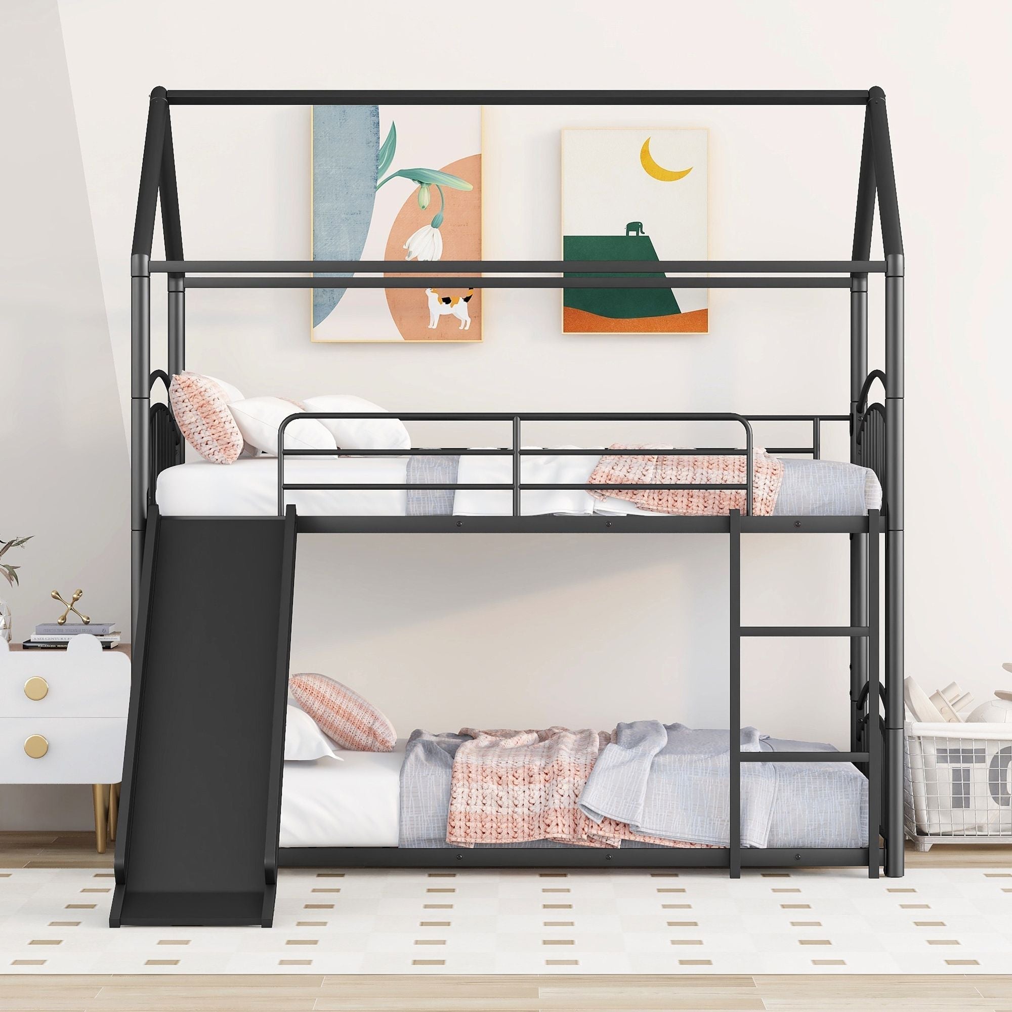 Fun Twin Over Twin Metal Bunk Bed with Slide for Kids, Black, Sturdy & Space-Saving | Just Better Bunk Beds