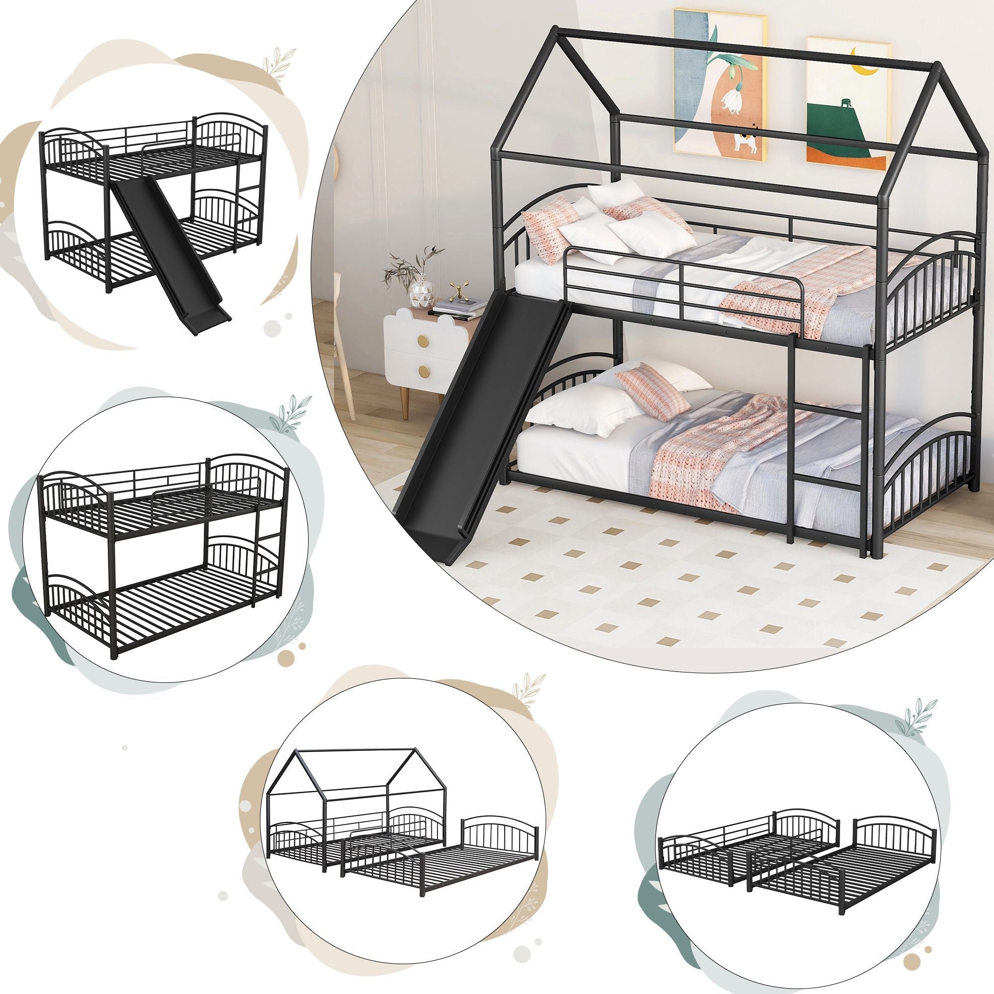 Fun Twin Over Twin Metal Bunk Bed with Slide for Kids, Black, Sturdy & Space-Saving | Just Better Bunk Beds