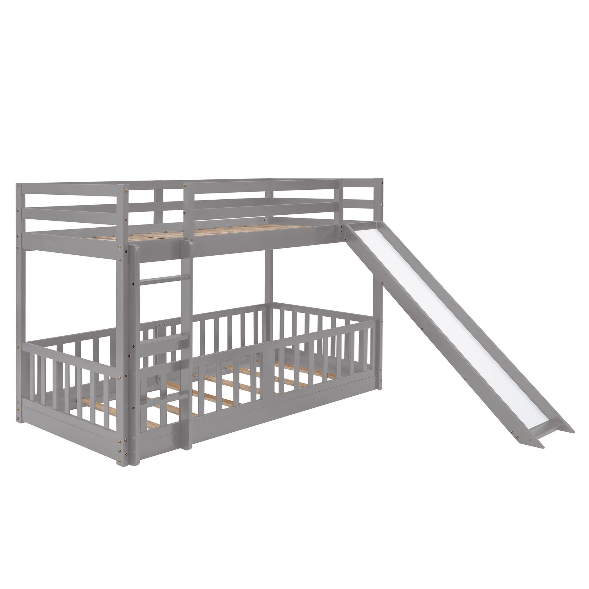 Fun Twin Over Twin Wood Bunk Bed with Slide and Reversible Ladder, White, Gray, Espresso | Just Better Bunk Beds