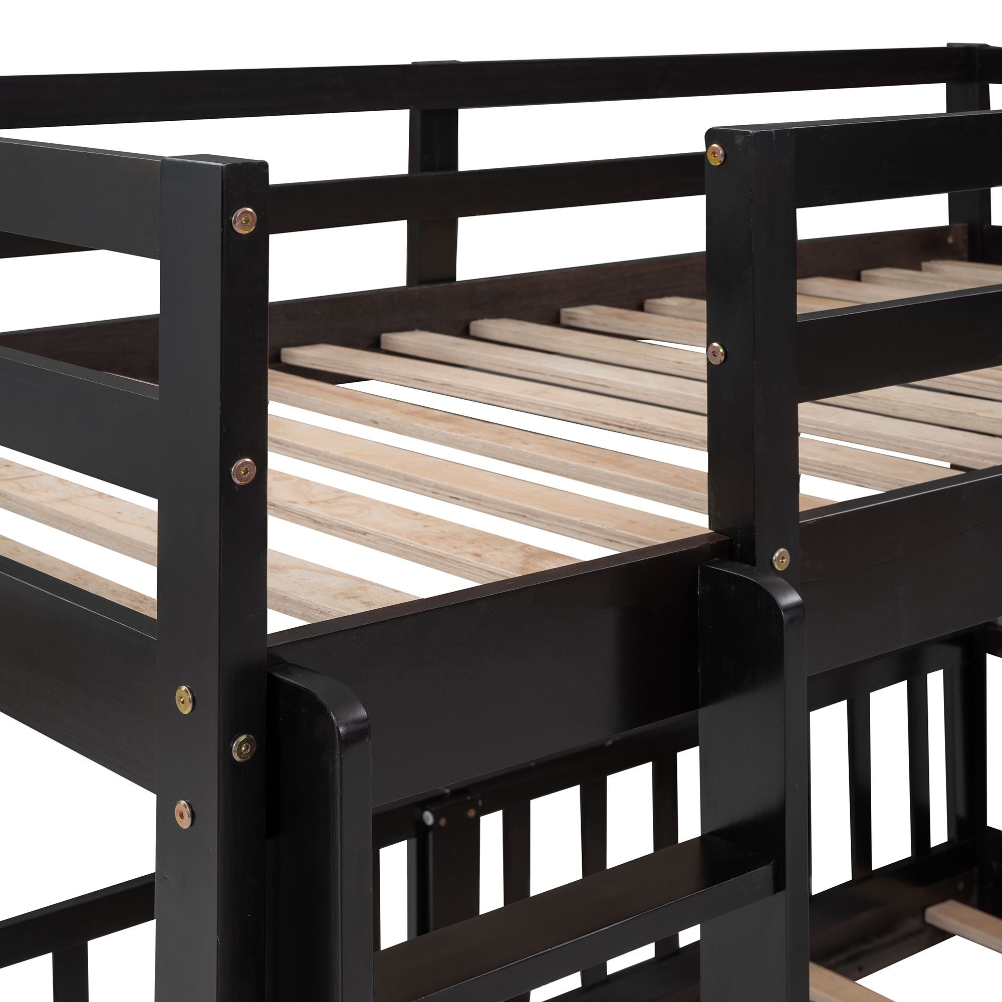 Fun Twin Over Twin Wood Bunk Bed with Slide and Reversible Ladder, White, Gray, Espresso | Just Better Bunk Beds