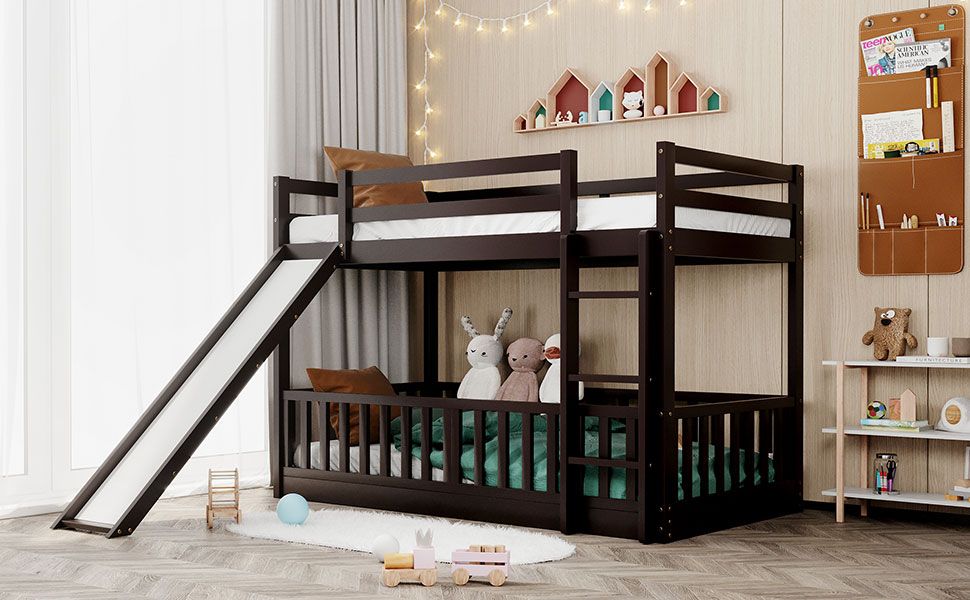 Fun Twin Over Twin Wood Bunk Bed with Slide and Reversible Ladder, White, Gray, Espresso | Just Better Bunk Beds