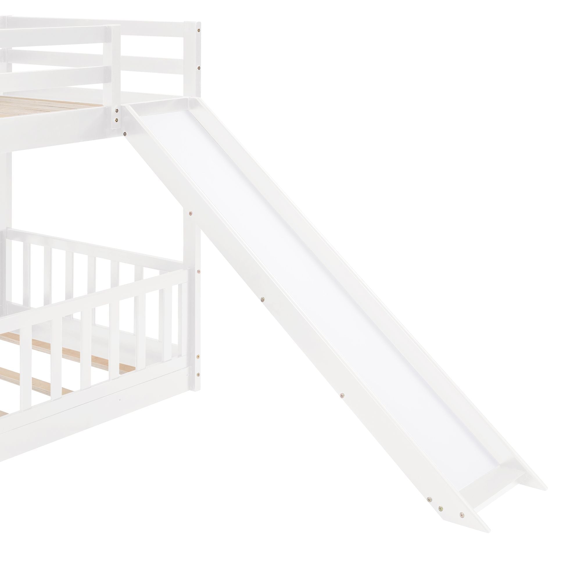 Fun Twin Over Twin Wood Bunk Bed with Slide and Reversible Ladder, White, Gray, Espresso | Just Better Bunk Beds