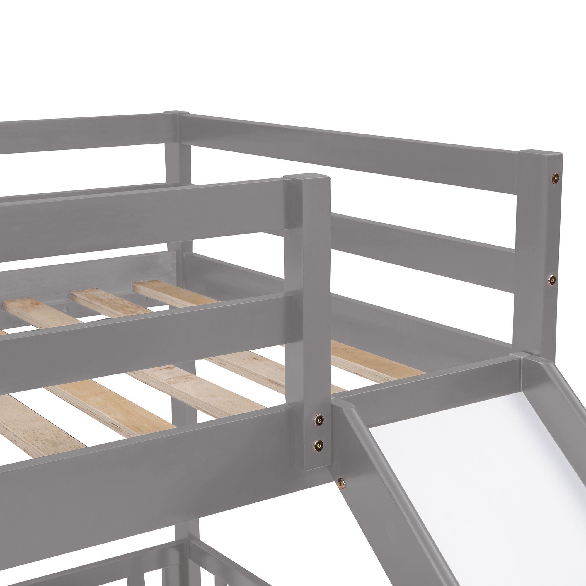 Fun Twin Over Twin Wood Bunk Bed with Slide and Reversible Ladder, White, Gray, Espresso | Just Better Bunk Beds