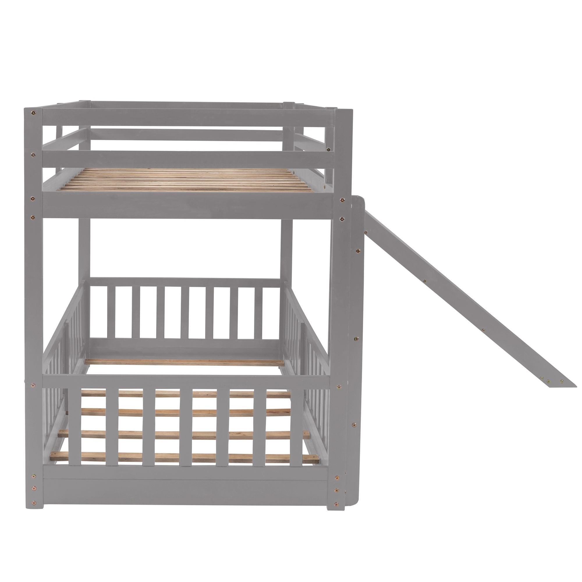 Fun Twin Over Twin Wood Bunk Bed with Slide and Reversible Ladder, White, Gray, Espresso | Just Better Bunk Beds