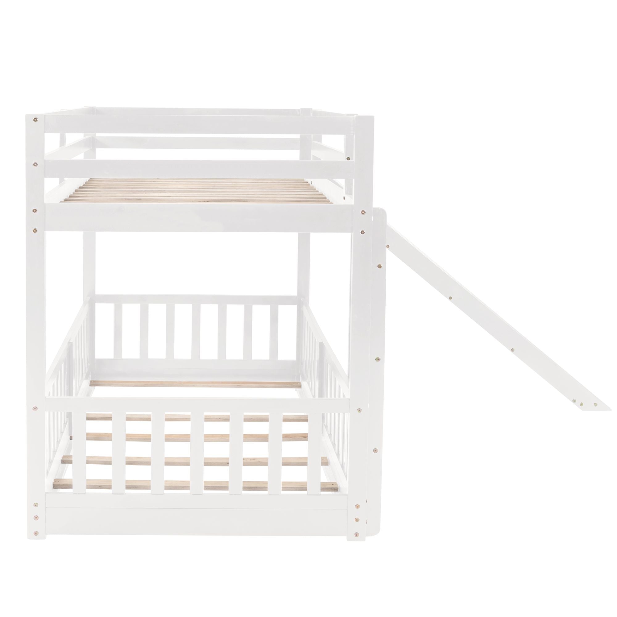 Fun Twin Over Twin Wood Bunk Bed with Slide and Reversible Ladder, White, Gray, Espresso | Just Better Bunk Beds