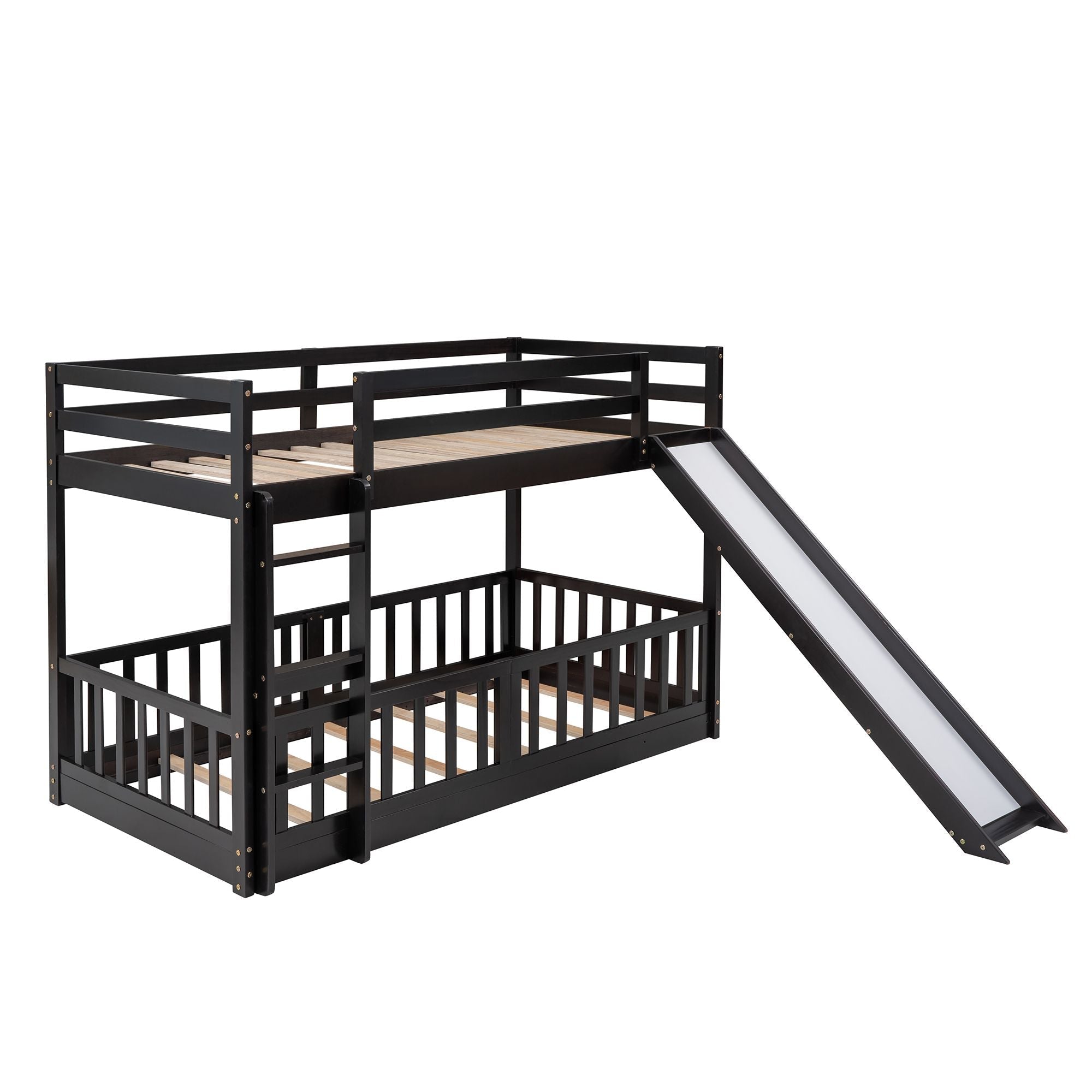 Fun Twin Over Twin Wood Bunk Bed with Slide and Reversible Ladder, White, Gray, Espresso | Just Better Bunk Beds