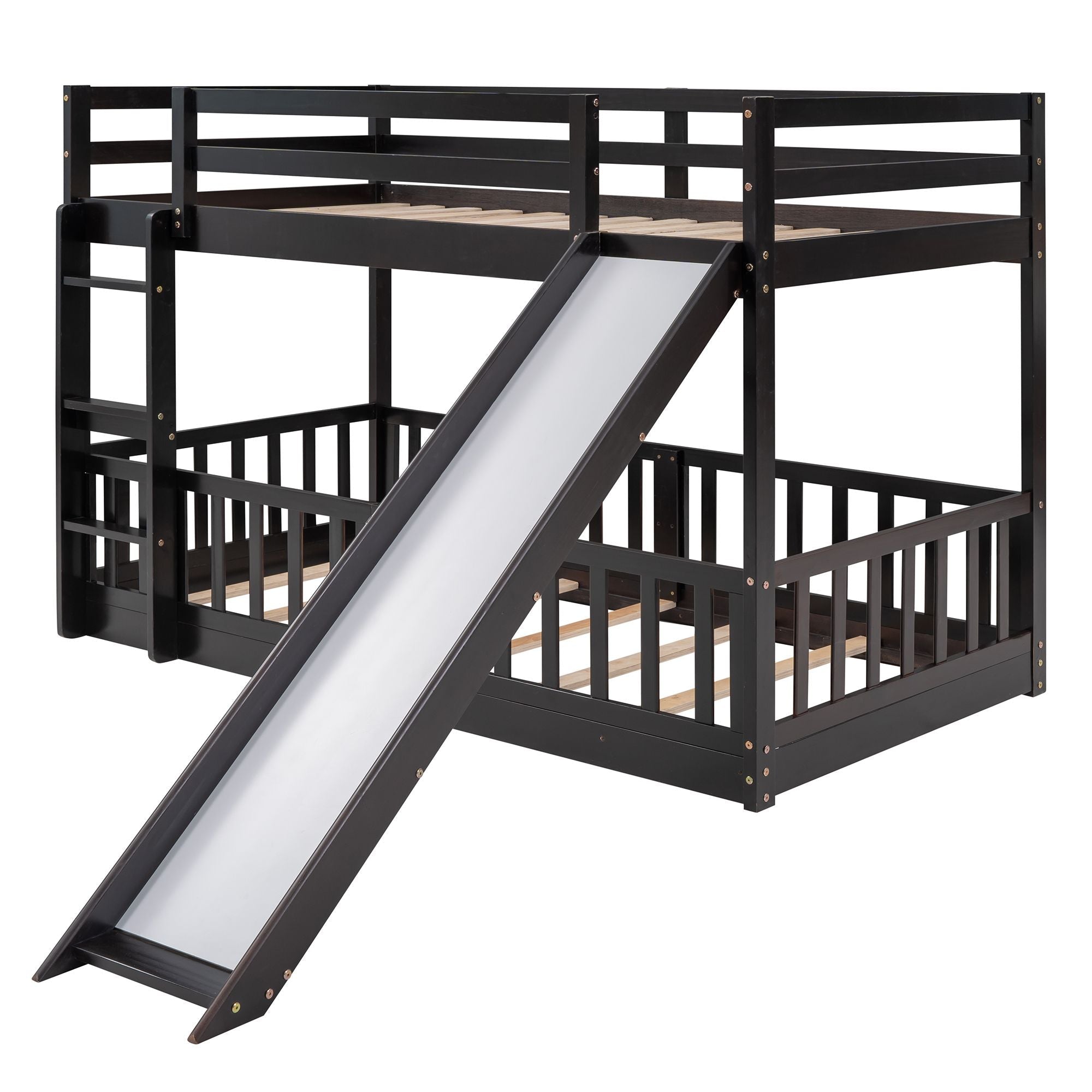 Fun Twin Over Twin Wood Bunk Bed with Slide and Reversible Ladder, White, Gray, Espresso | Just Better Bunk Beds