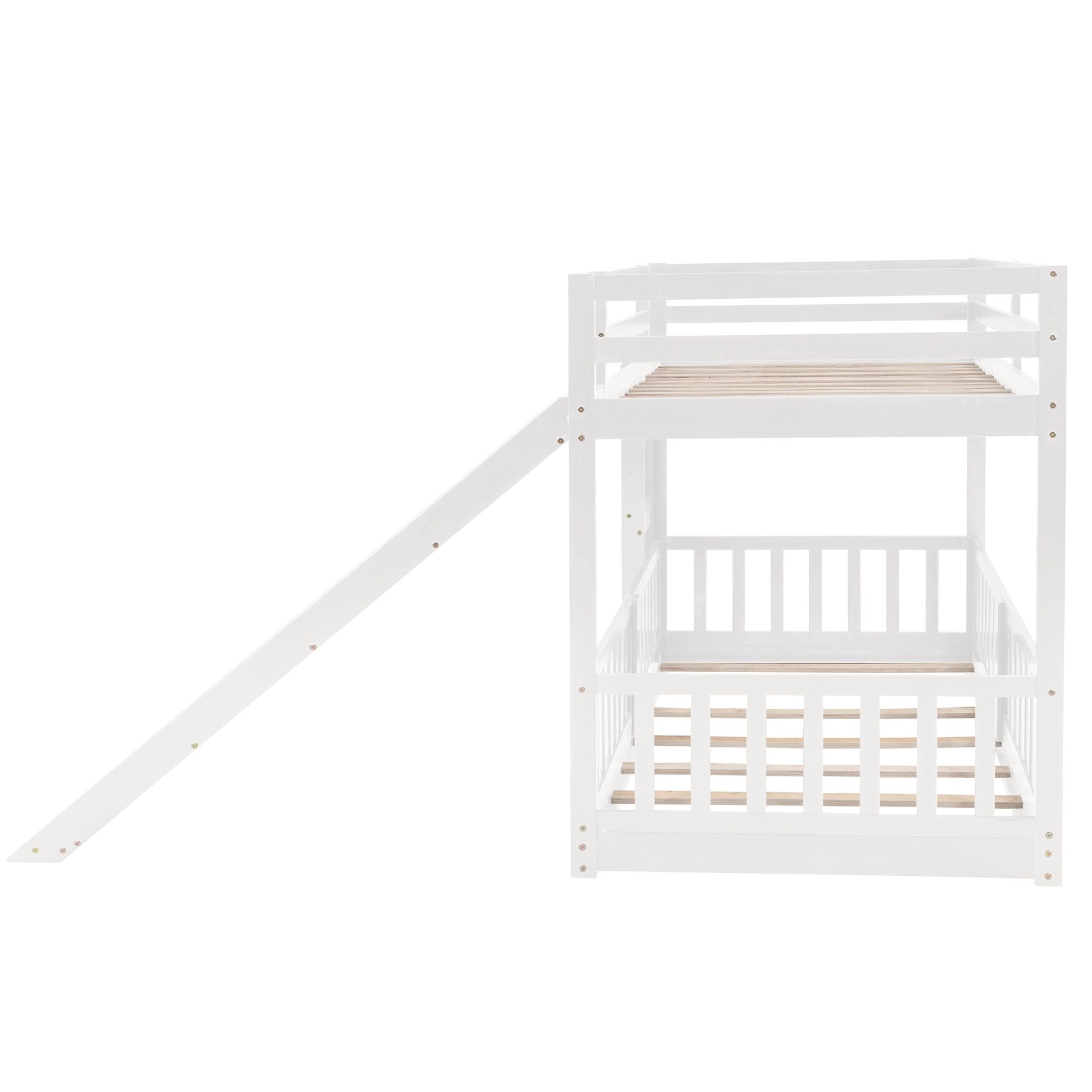Fun Twin Over Twin Wood Bunk Bed with Slide and Reversible Ladder, White, Gray, Espresso | Just Better Bunk Beds