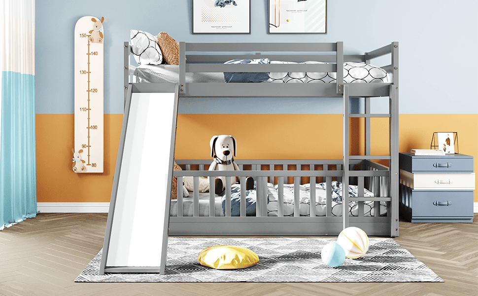 Fun Twin Over Twin Wood Bunk Bed with Slide and Reversible Ladder, White, Gray, Espresso | Just Better Bunk Beds