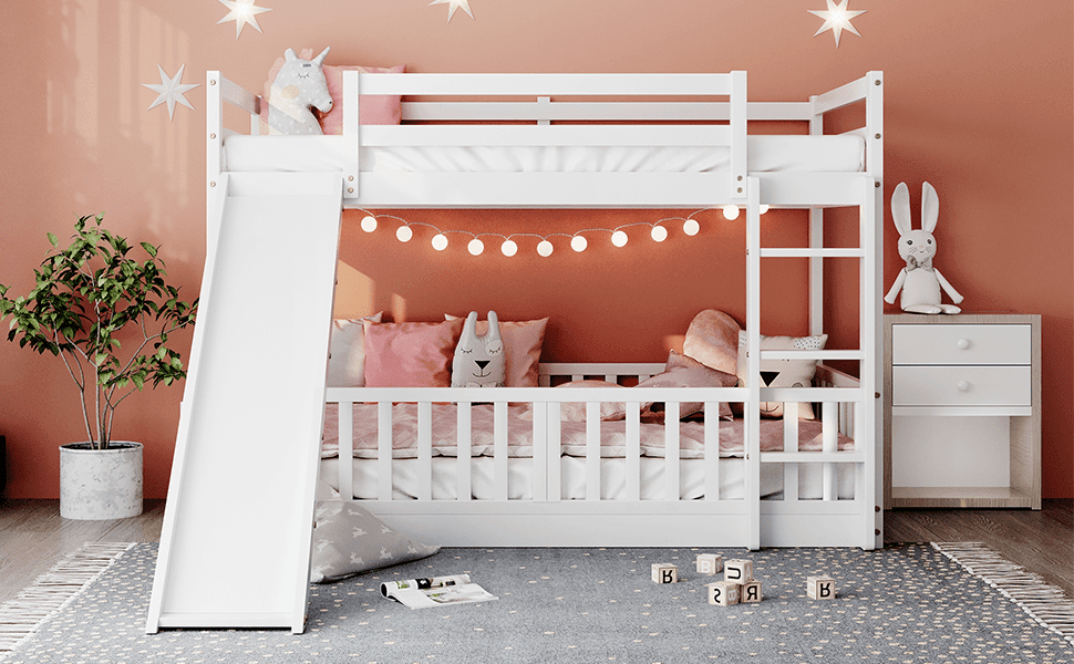 Fun Twin Over Twin Wood Bunk Bed with Slide and Reversible Ladder, White, Gray, Espresso | Just Better Bunk Beds