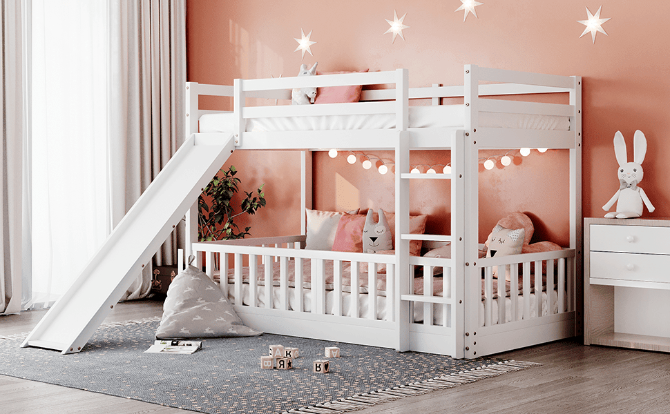 Fun Twin Over Twin Wood Bunk Bed with Slide and Reversible Ladder, White, Gray, Espresso | Just Better Bunk Beds