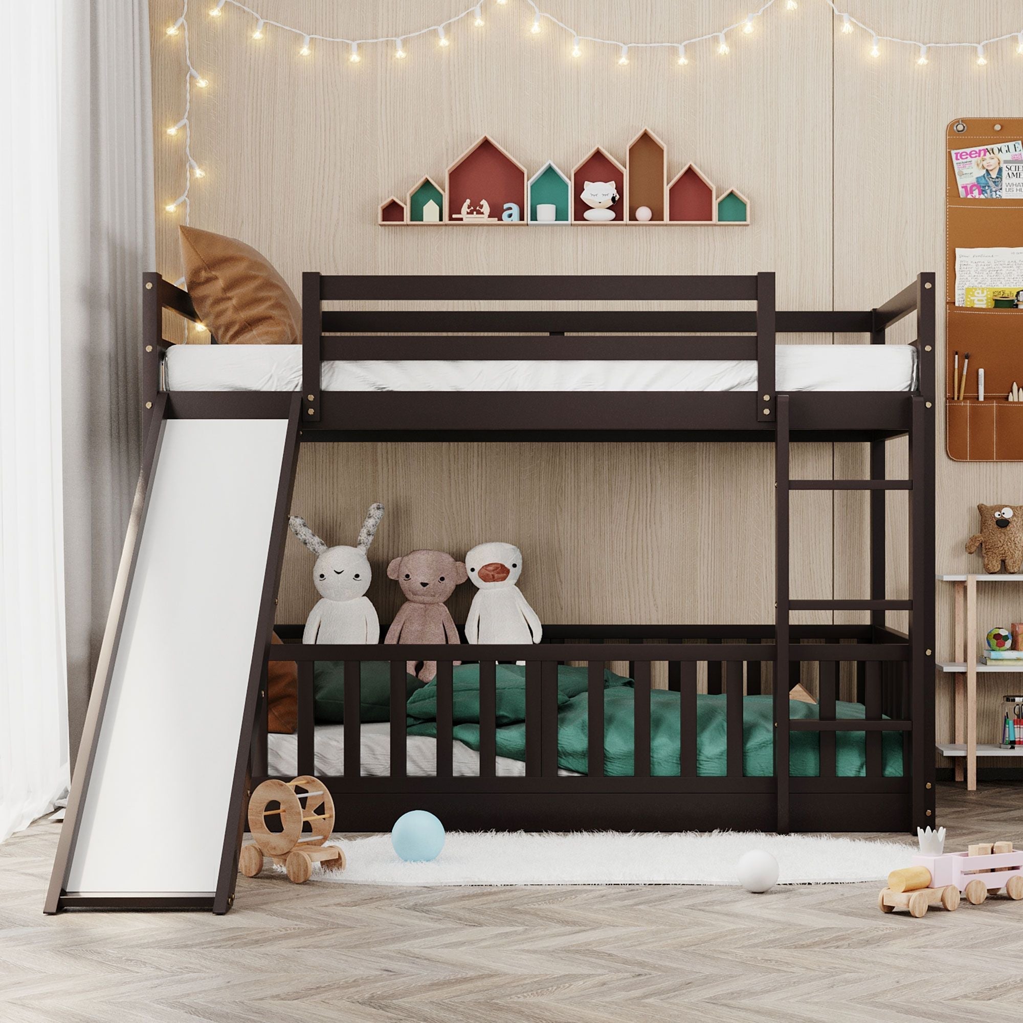 Fun Twin Over Twin Wood Bunk Bed with Slide and Reversible Ladder, White, Gray, Espresso | Just Better Bunk Beds